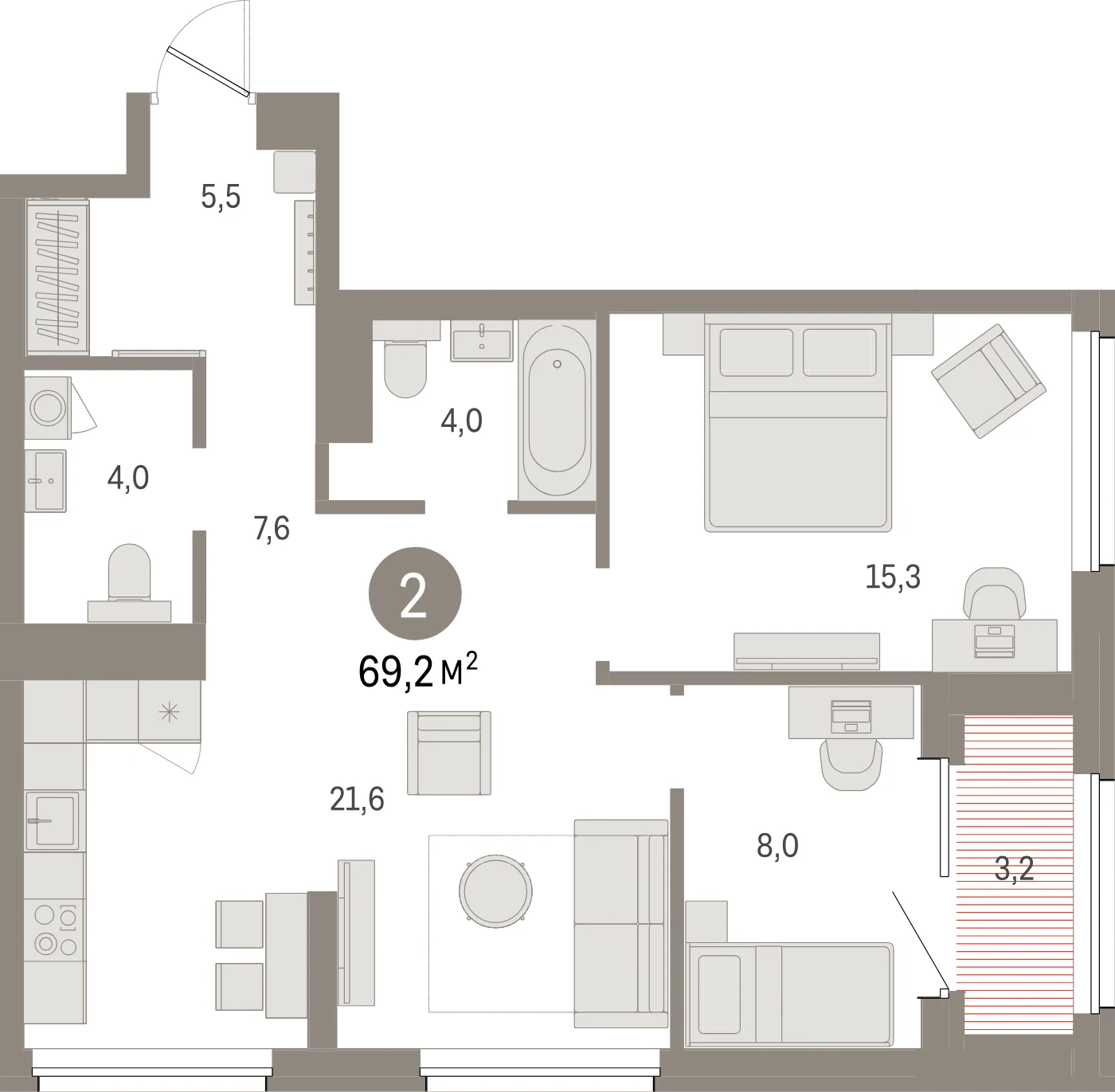 Планировка 3-комнатная 69,2 м² в жилом квартале «Северный ветер» — Жилой квартал «Северный ветер»