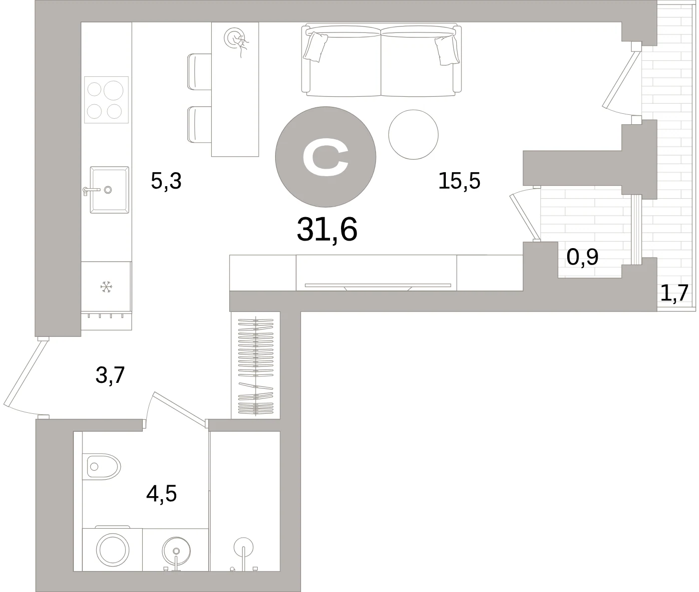 Планировка студия 31,6 м² в жилом квартале «Северный ветер» — Жилой квартал «Северный ветер»