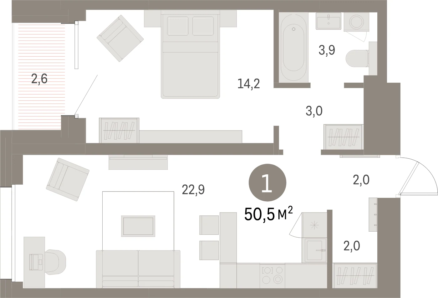 Планировка 2-комнатная 50,5 м² в жилом квартале «Северный ветер» — Жилой квартал «Северный ветер»