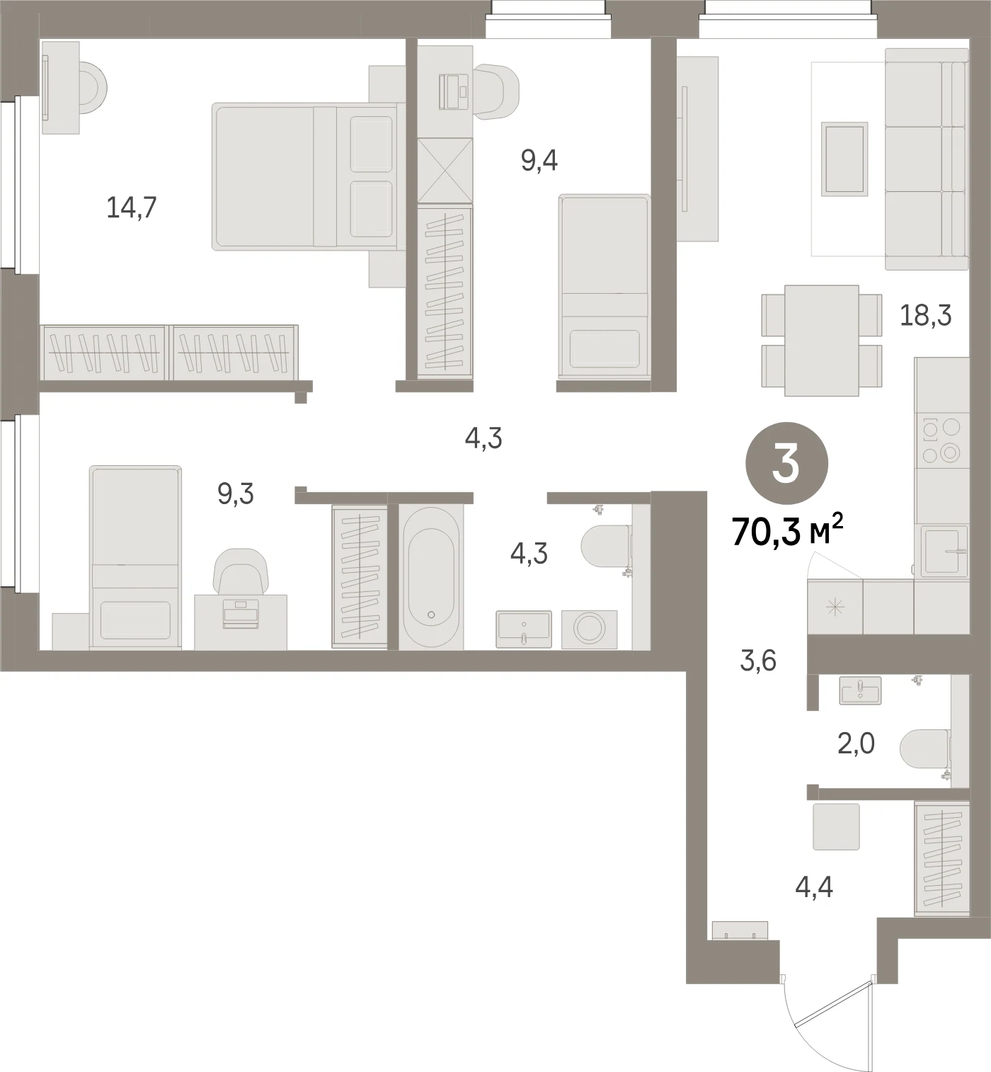 Планировка 4-комнатная 70,3 м² в жилом квартале «Северный ветер» — Жилой квартал «Северный ветер»
