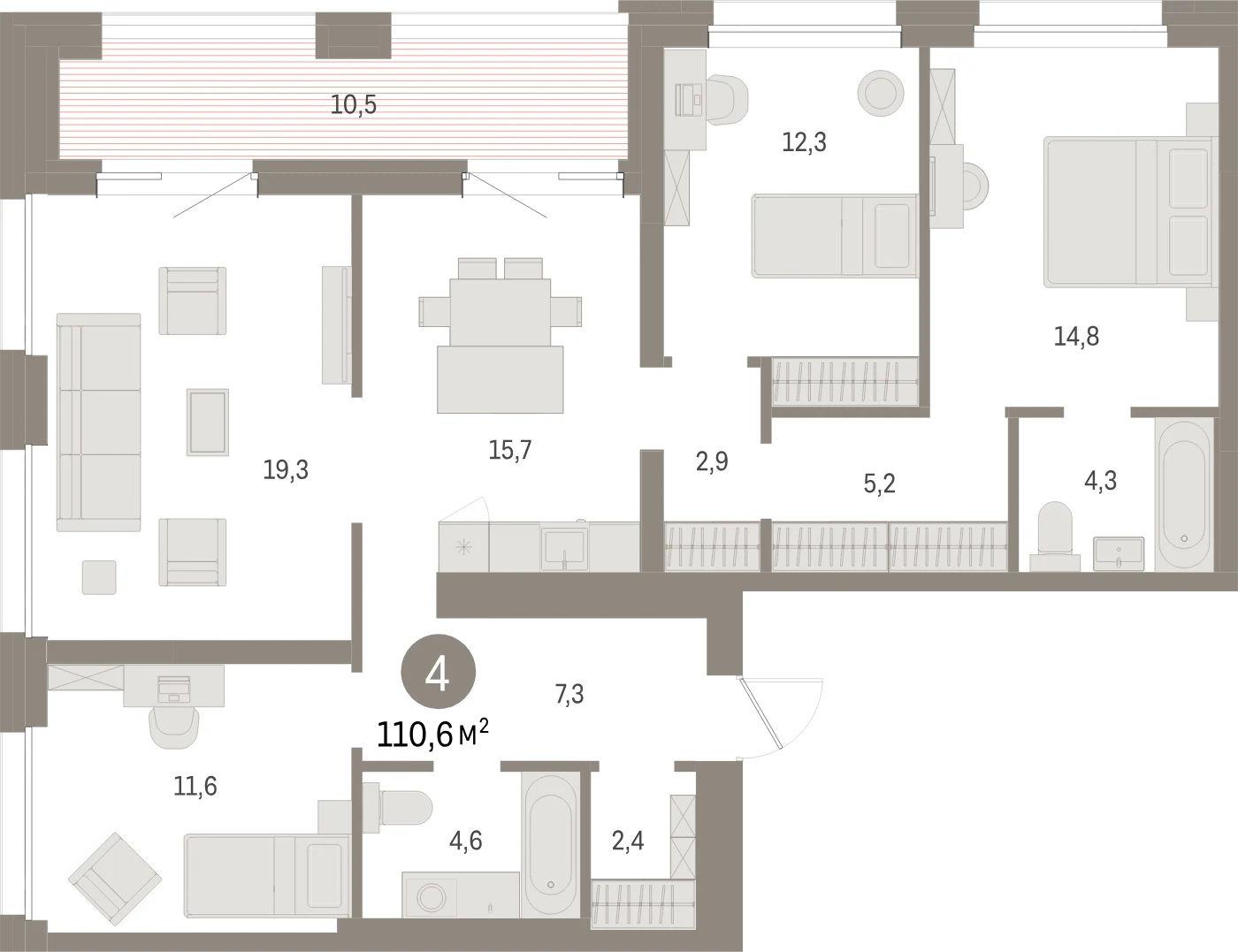 Планировка 4-комнатная 110,6 м² в жилом квартале «Северный ветер» — Жилой квартал «Северный ветер»