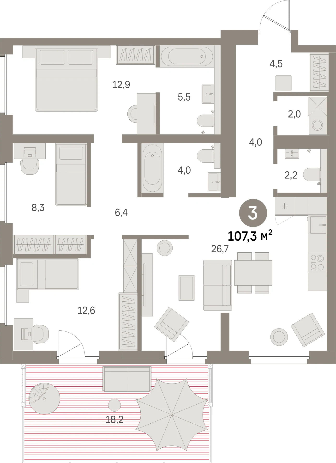 Планировка 4-комнатная 107,3 м² в жилом квартале «Северный ветер» — Жилой квартал «Северный ветер»
