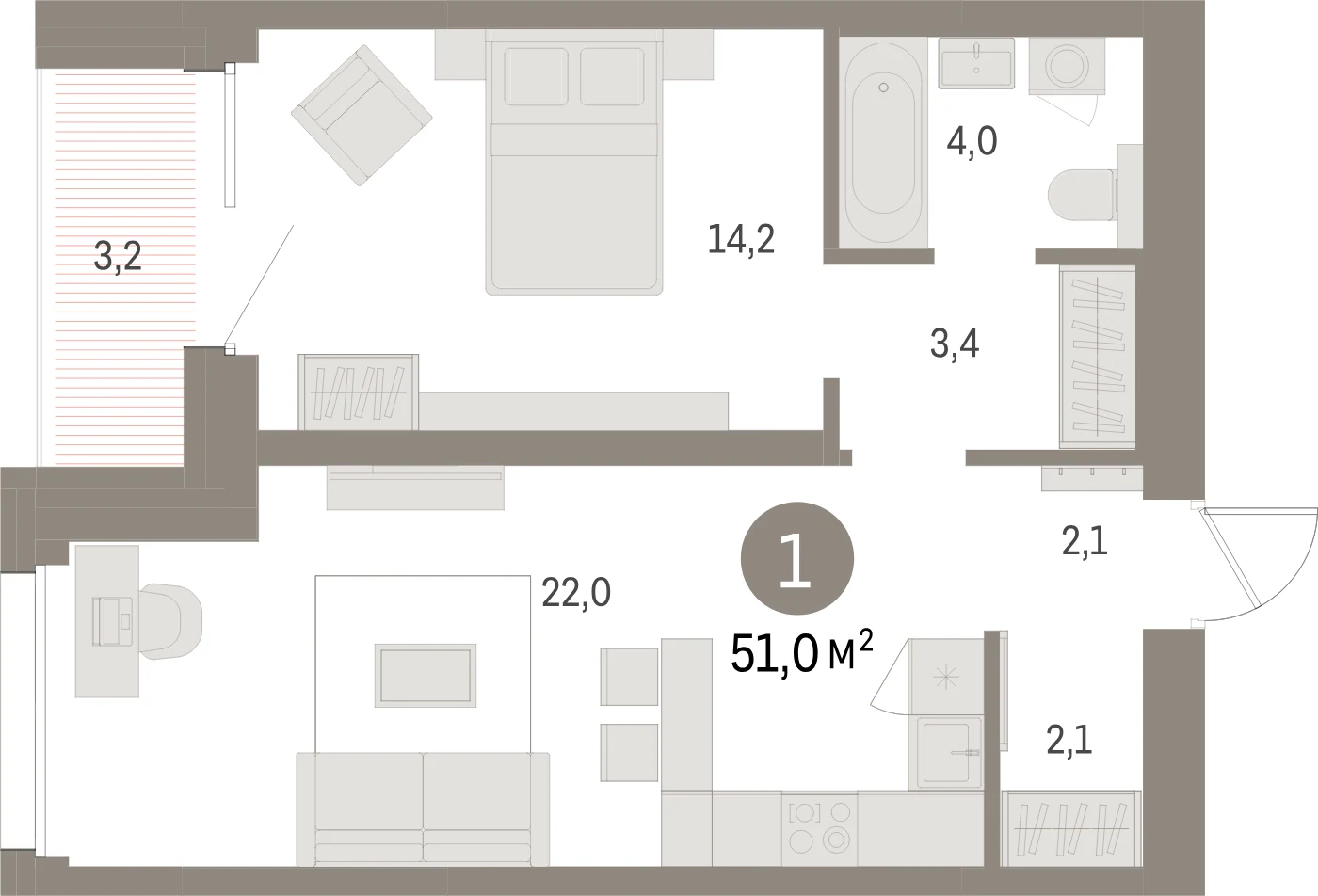 Планировка 2-комнатная 51 м² в жилом квартале «Северный ветер» — Жилой квартал «Северный ветер»