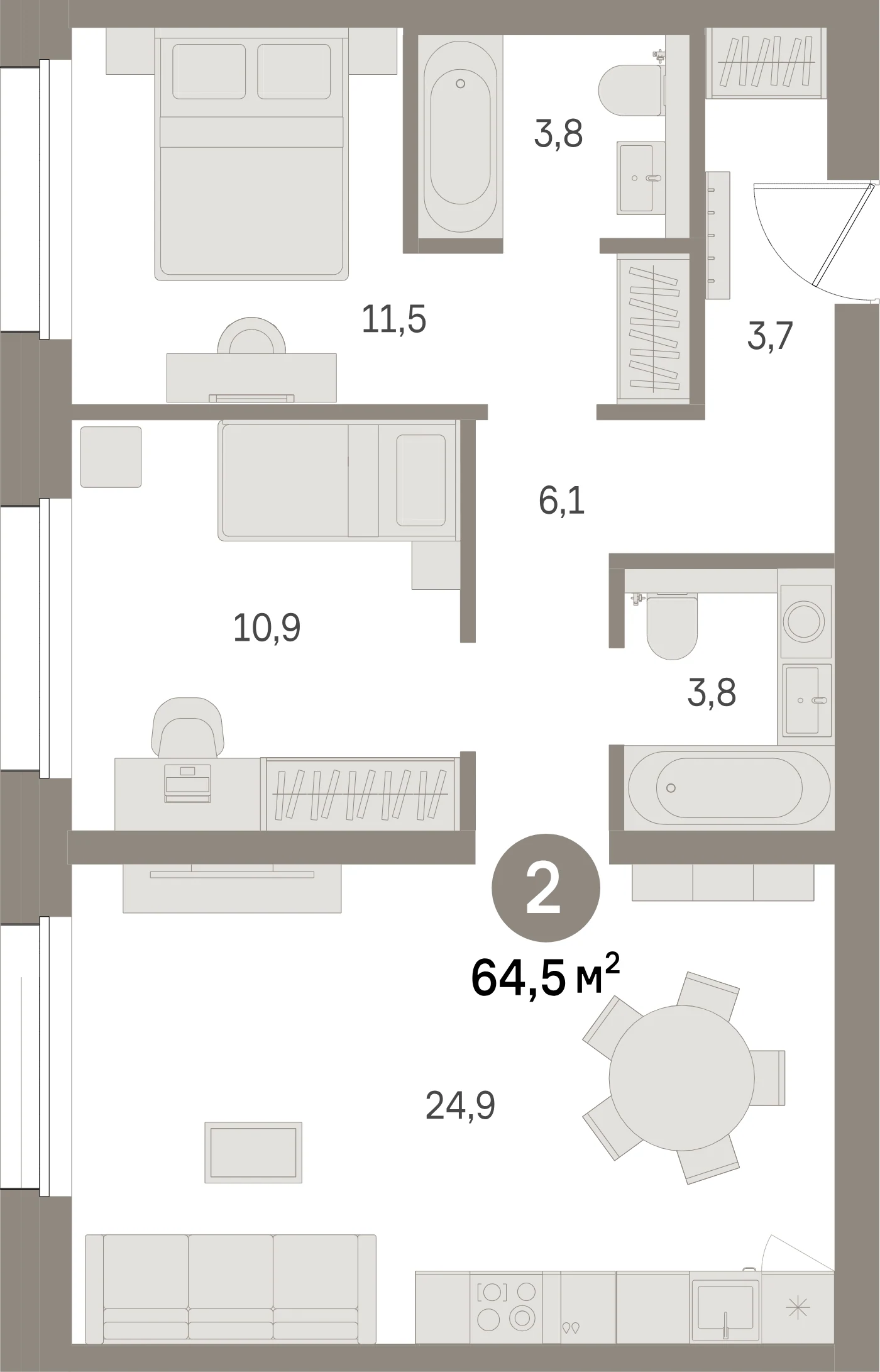 Планировка 3-комнатная 64,5 м² в жилом квартале «Северный ветер» — Жилой квартал «Северный ветер»