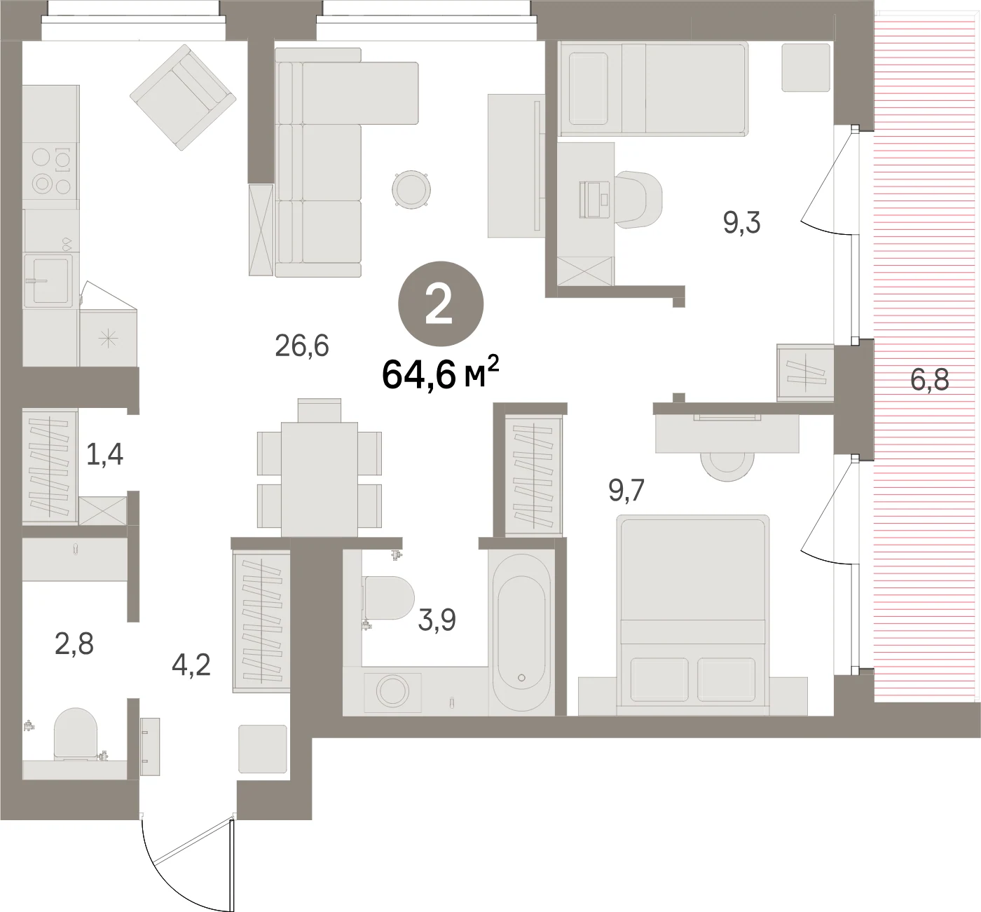 Планировка 3-комнатная 64,6 м² в жилом квартале «Северный ветер» — Жилой квартал «Северный ветер»