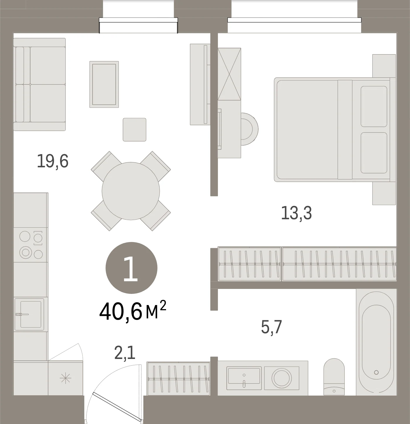 Планировка 2-комнатная 40,6 м² в жилом квартале «Северный ветер» — Жилой квартал «Северный ветер»