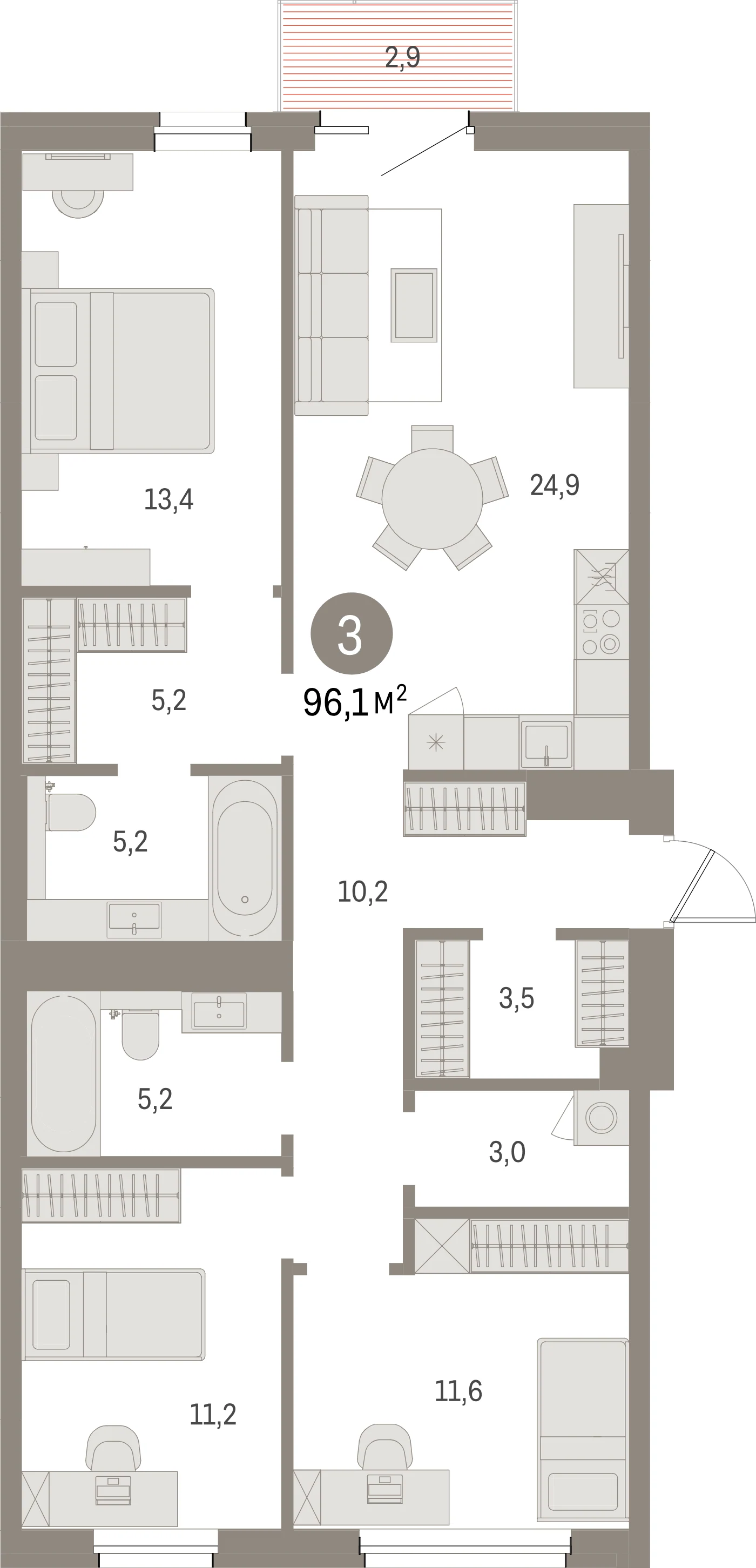 Планировка 4-комнатная 96,1 м² в жилом квартале «Северный ветер» — Жилой квартал «Северный ветер»
