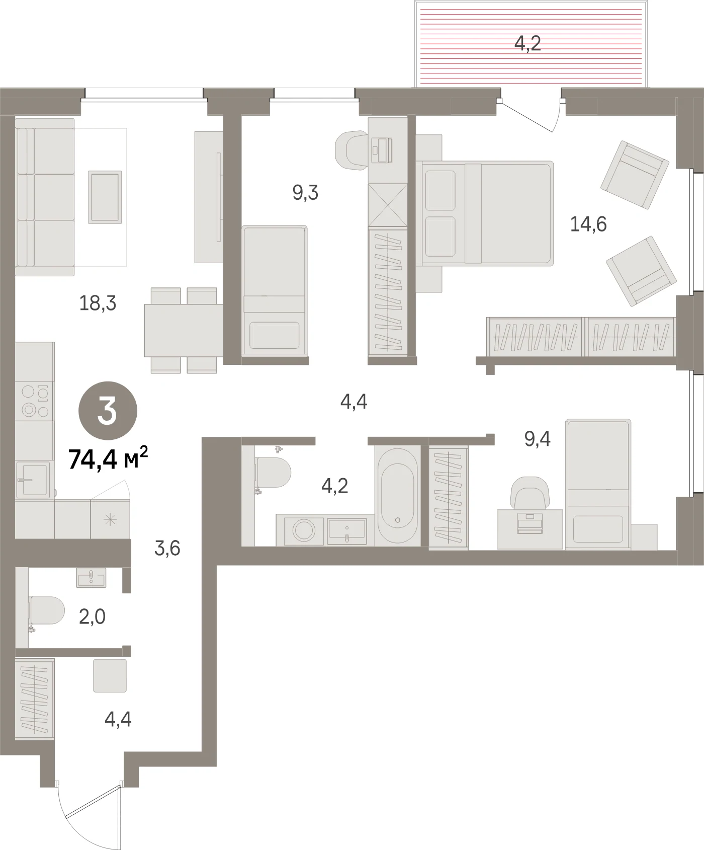 Планировка 4-комнатная 74,4 м² в жилом квартале «Северный ветер» — Жилой квартал «Северный ветер»