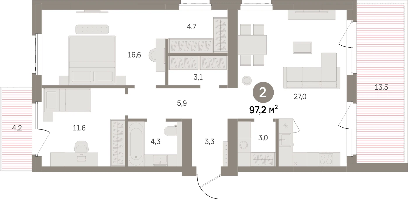 Планировка 3-комнатная 97,2 м² в жилом квартале «Северный ветер» — Жилой квартал «Северный ветер»