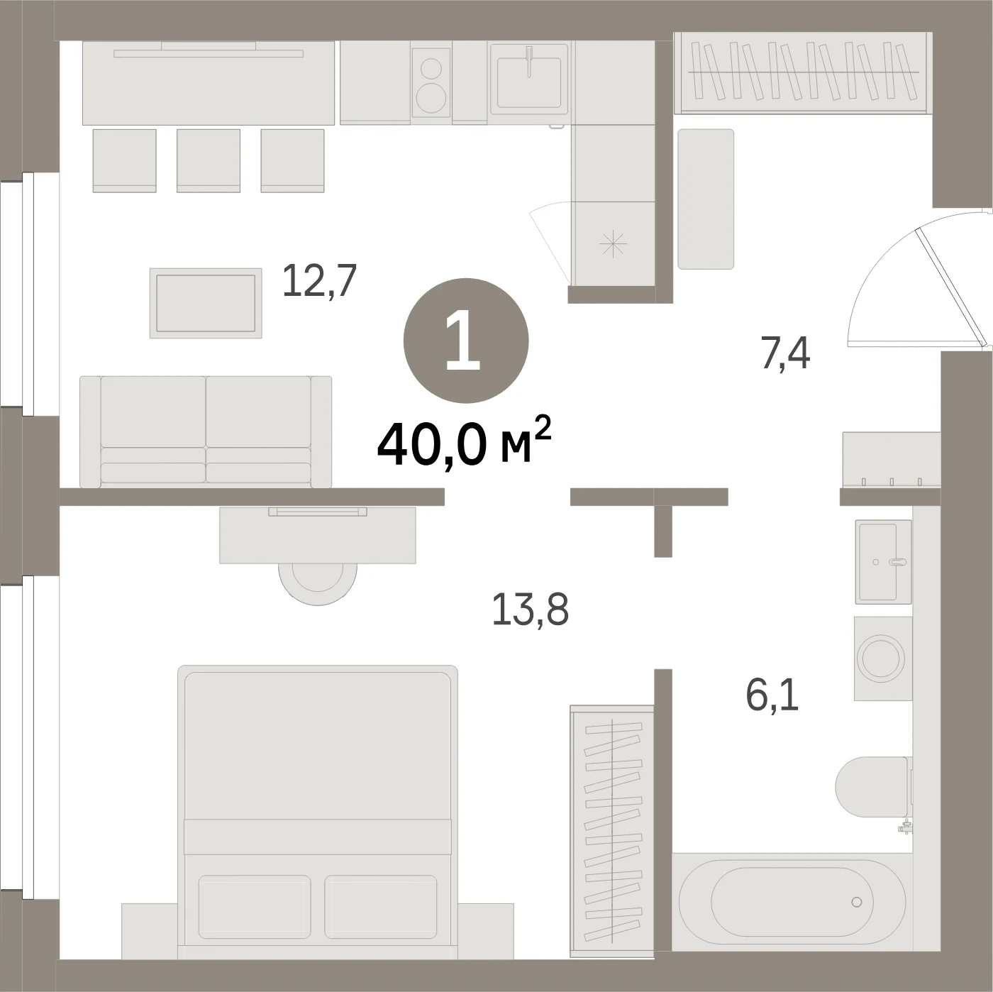 Планировка 2-комнатная 40 м² в жилом квартале «Северный ветер» — Жилой квартал «Северный ветер»