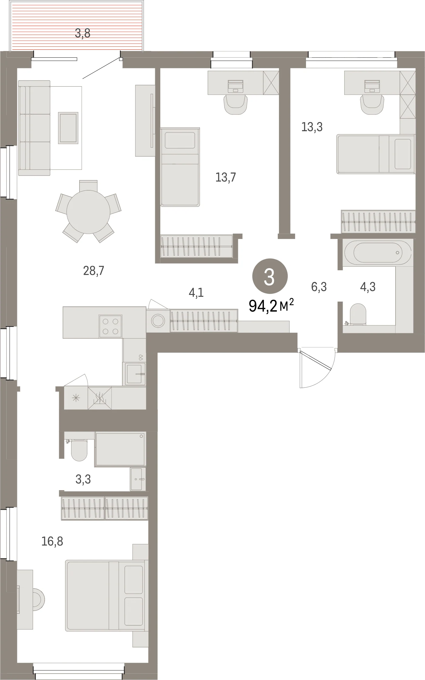 Планировка 4-комнатная 94,2 м² в жилом квартале «Северный ветер» — Жилой квартал «Северный ветер»