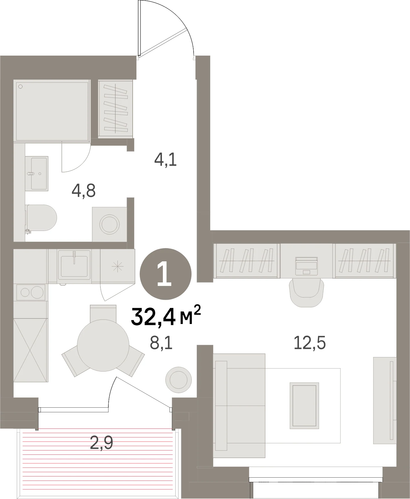 Планировка 2-комнатная 32,4 м² в жилом квартале «Северный ветер» — Жилой квартал «Северный ветер»