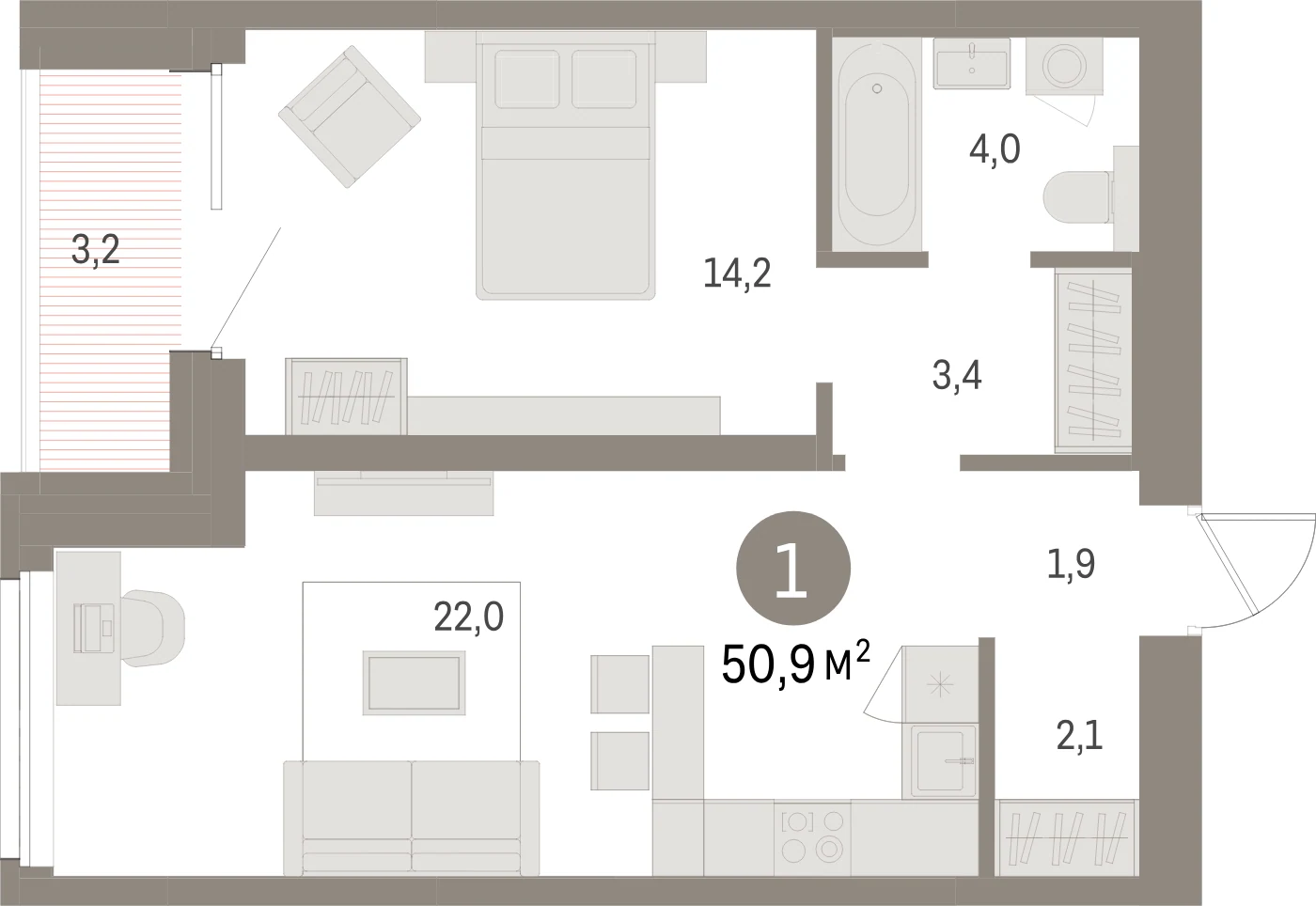 Планировка 2-комнатная 50,9 м² в жилом квартале «Северный ветер» — Жилой квартал «Северный ветер»