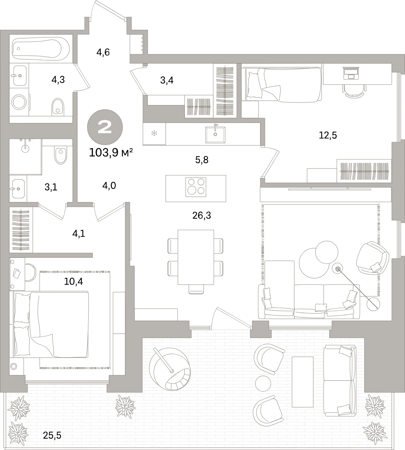 Планировка 3-комнатная 103,9 м² в жилом квартале «Северный ветер» — Жилой квартал «Северный ветер»