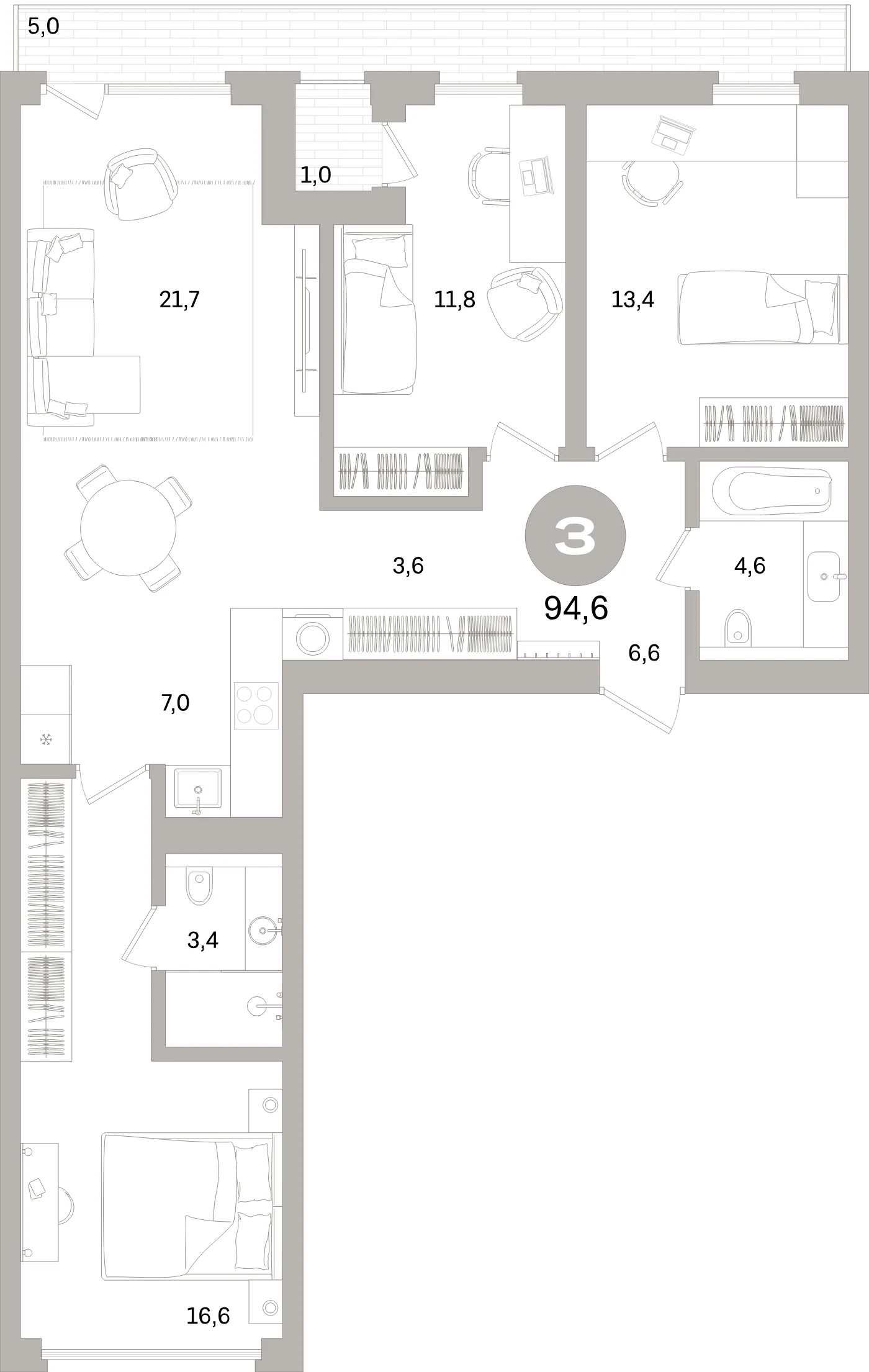 Планировка 4-комнатная 94,6 м² в жилом квартале «Северный ветер» — Жилой квартал «Северный ветер»