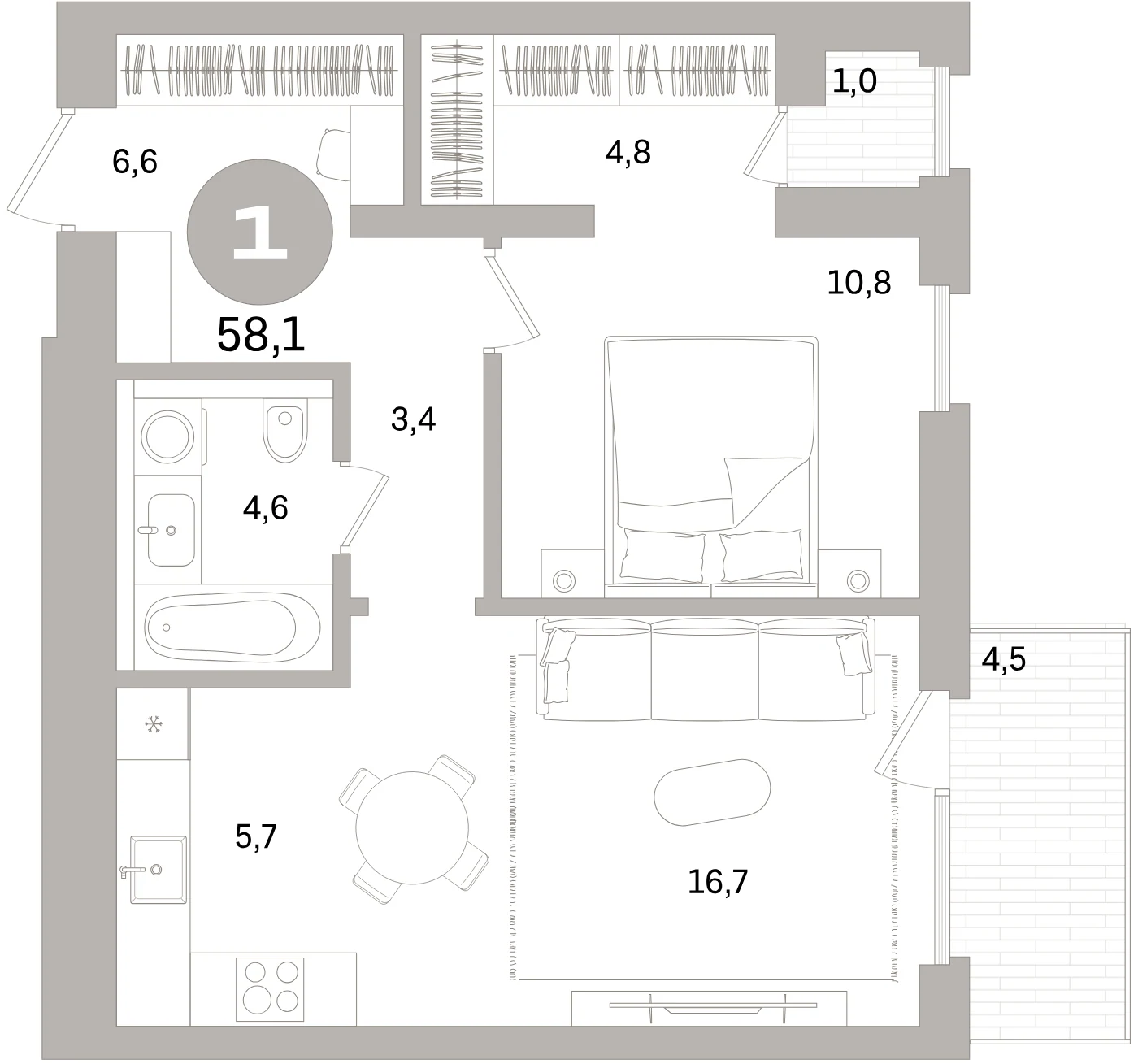 Планировка 2-комнатная 58,1 м² в жилом квартале «Северный ветер» — Жилой квартал «Северный ветер»