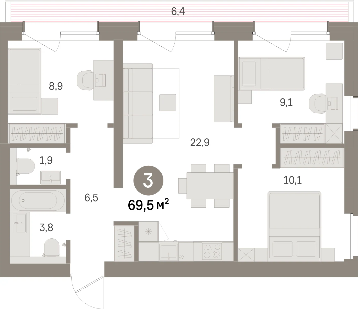 Планировка 4-комнатная 69,5 м² в жилом квартале «Северный ветер» — Жилой квартал «Северный ветер»