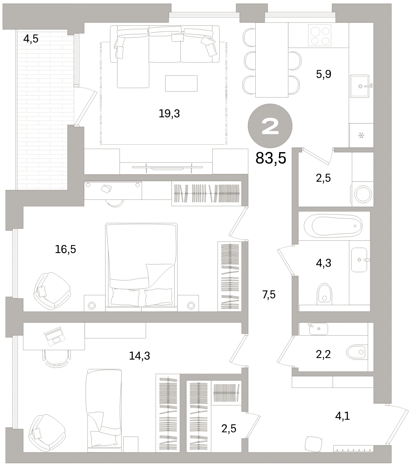 Планировка 3-комнатная 83,5 м² в жилом квартале «Северный ветер» — Жилой квартал «Северный ветер»