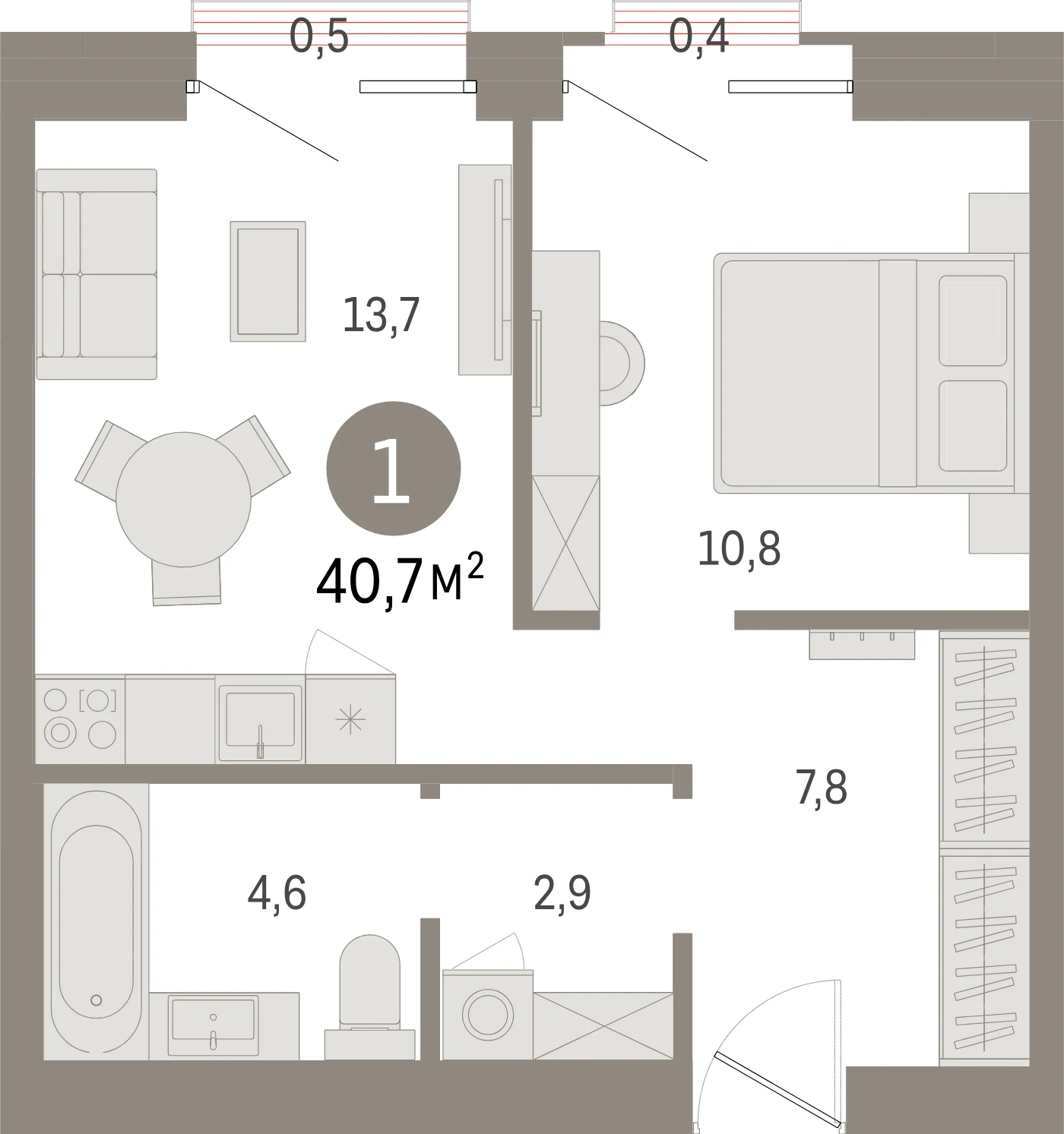 Планировка 2-комнатная 40,7 м² в жилом квартале «Северный ветер» — Жилой квартал «Северный ветер»