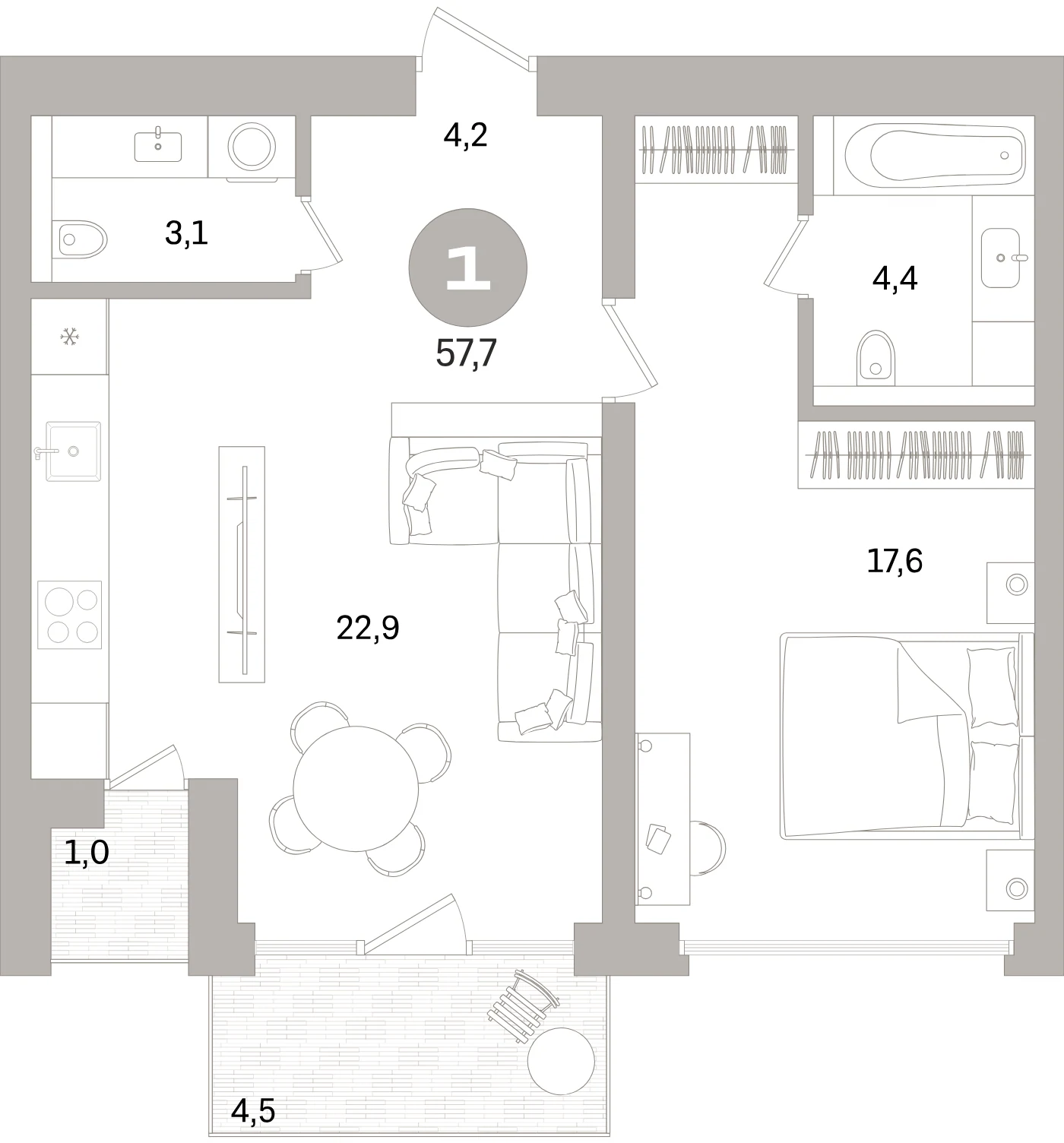 Планировка 2-комнатная 57,7 м² в жилом квартале «Северный ветер» — Жилой квартал «Северный ветер»