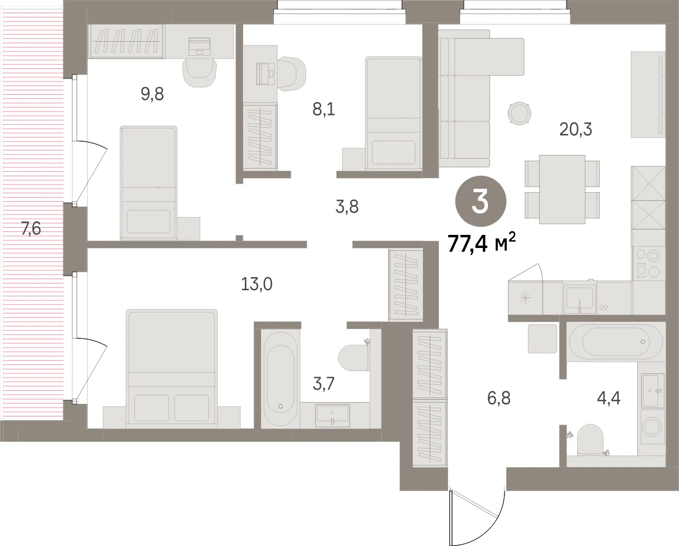 Планировка 4-комнатная 77,4 м² в жилом квартале «Северный ветер» — Жилой квартал «Северный ветер»