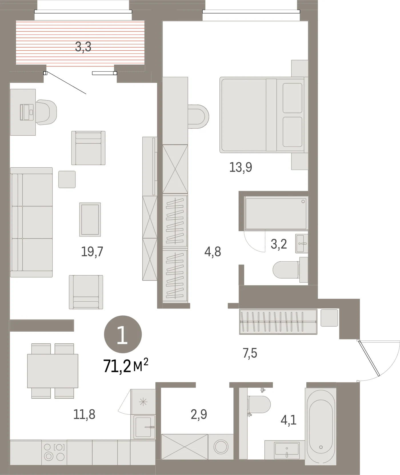 Планировка 2-комнатная 71,2 м² в жилом квартале «Северный ветер» — Жилой квартал «Северный ветер»