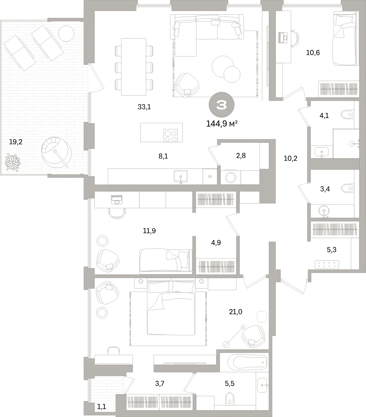 Планировка 4-комнатная 144,9 м² в жилом квартале «Северный ветер» — Жилой квартал «Северный ветер»