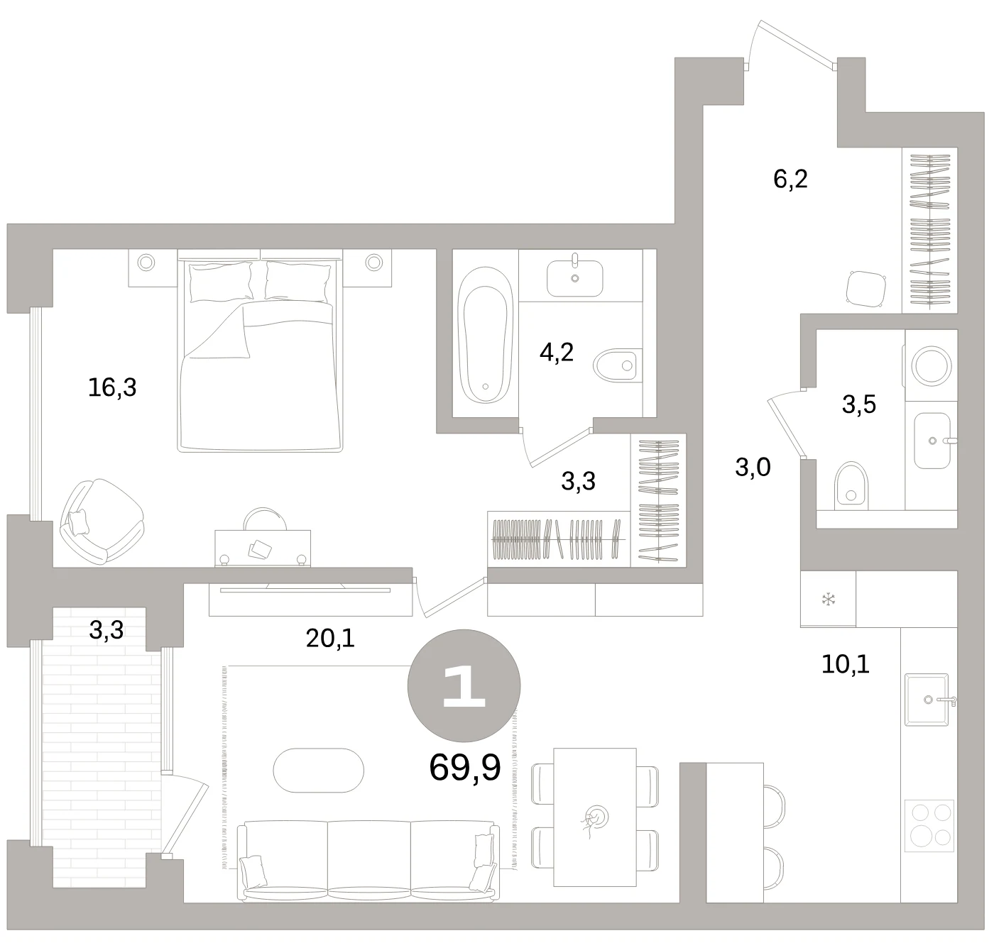 Планировка 2-комнатная 69,9 м² в жилом квартале «Северный ветер» — Жилой квартал «Северный ветер»