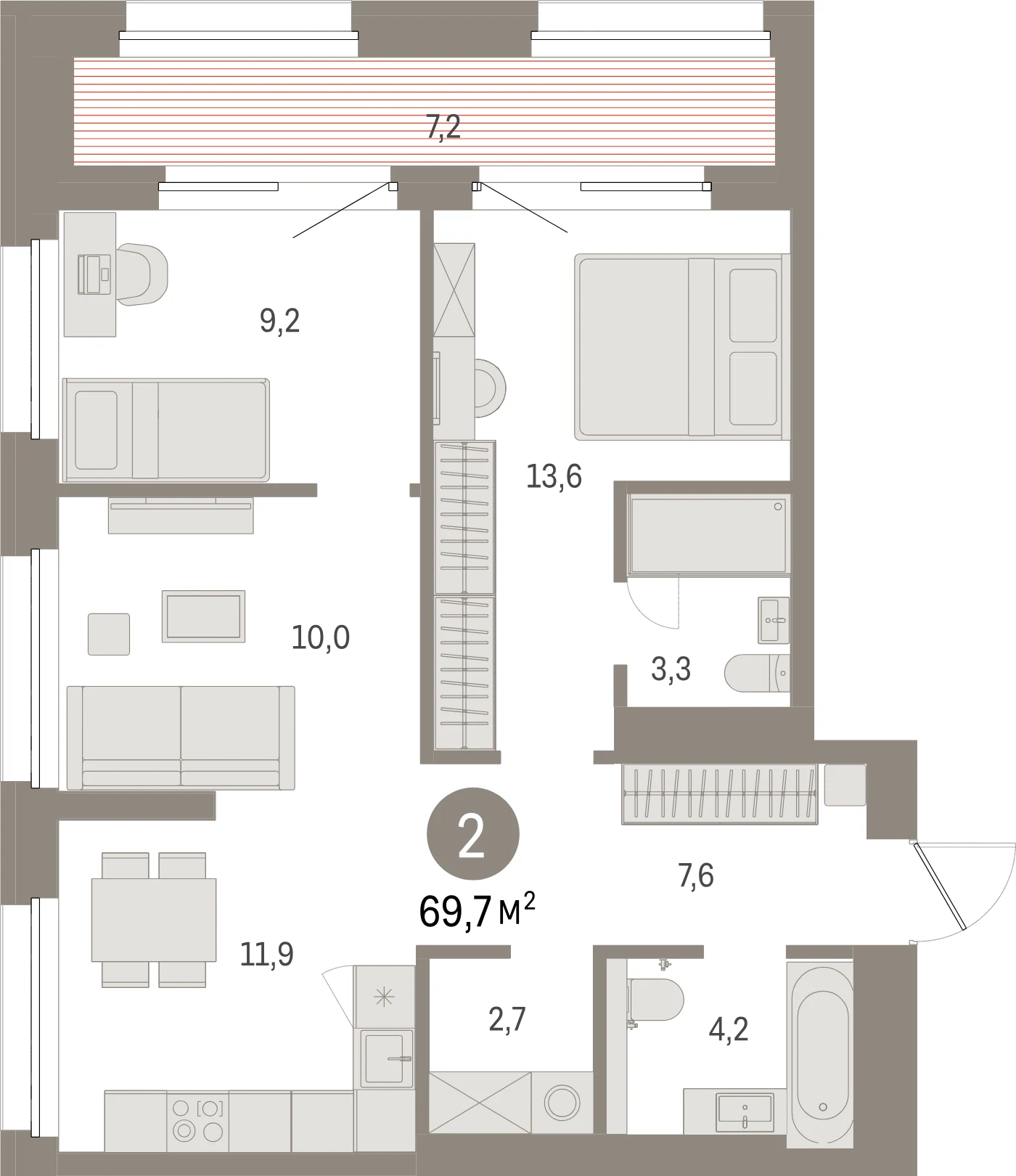 Планировка 3-комнатная 69,7 м² в жилом квартале «Северный ветер» — Жилой квартал «Северный ветер»