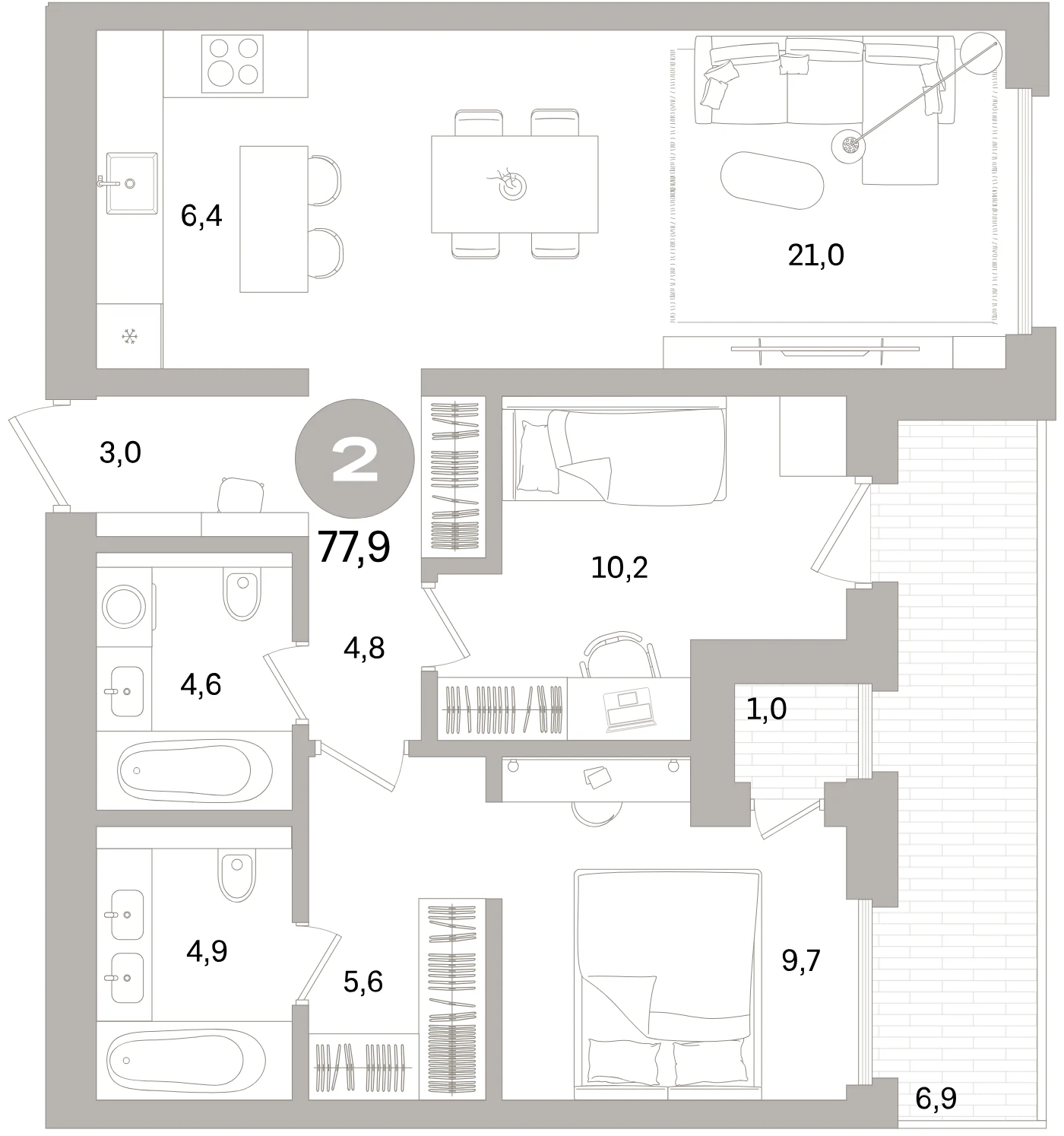 Планировка 3-комнатная 77,9 м² в жилом квартале «Северный ветер» — Жилой квартал «Северный ветер»
