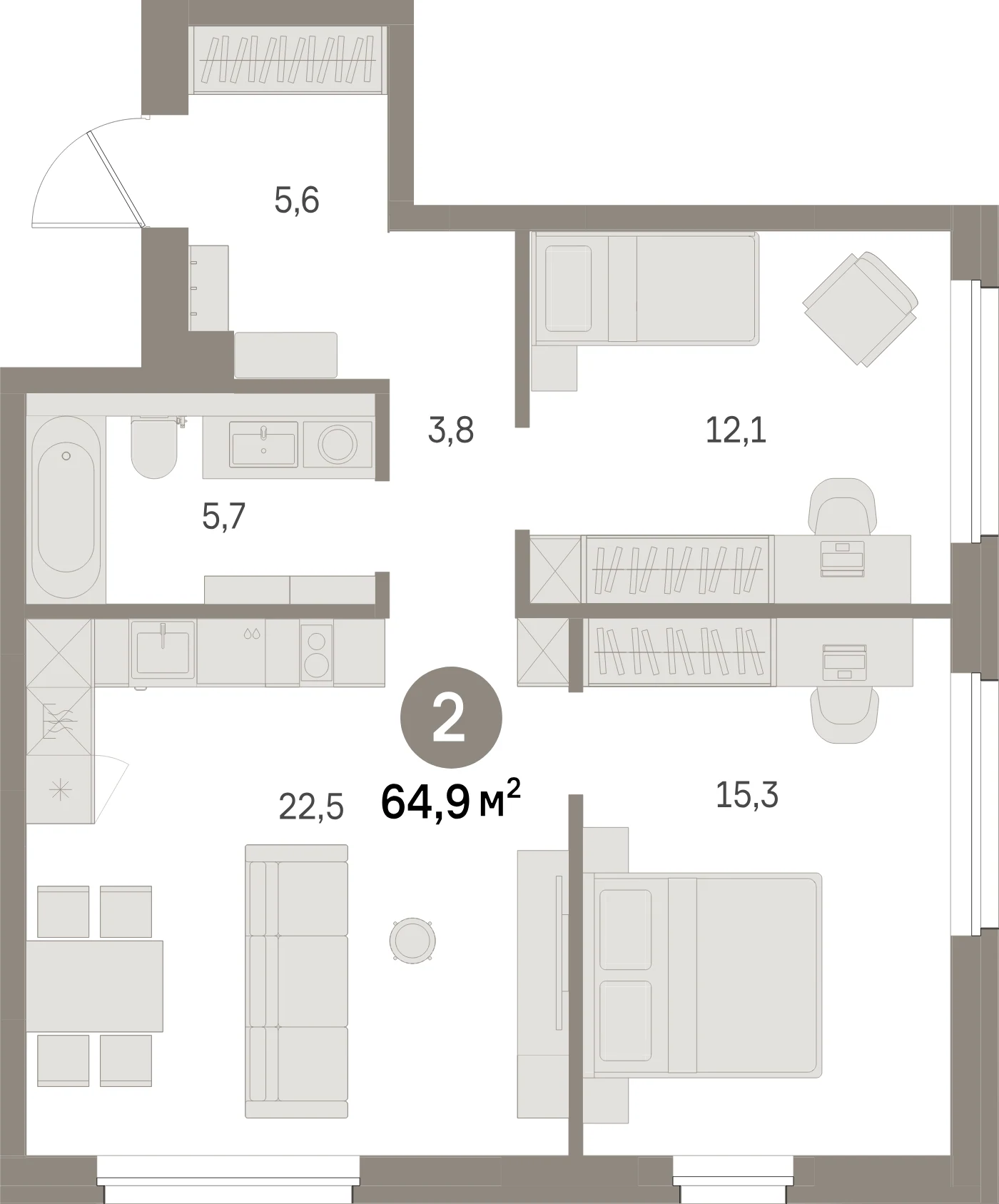 Планировка 3-комнатная 64,9 м² в жилом квартале «Северный ветер» — Жилой квартал «Северный ветер»