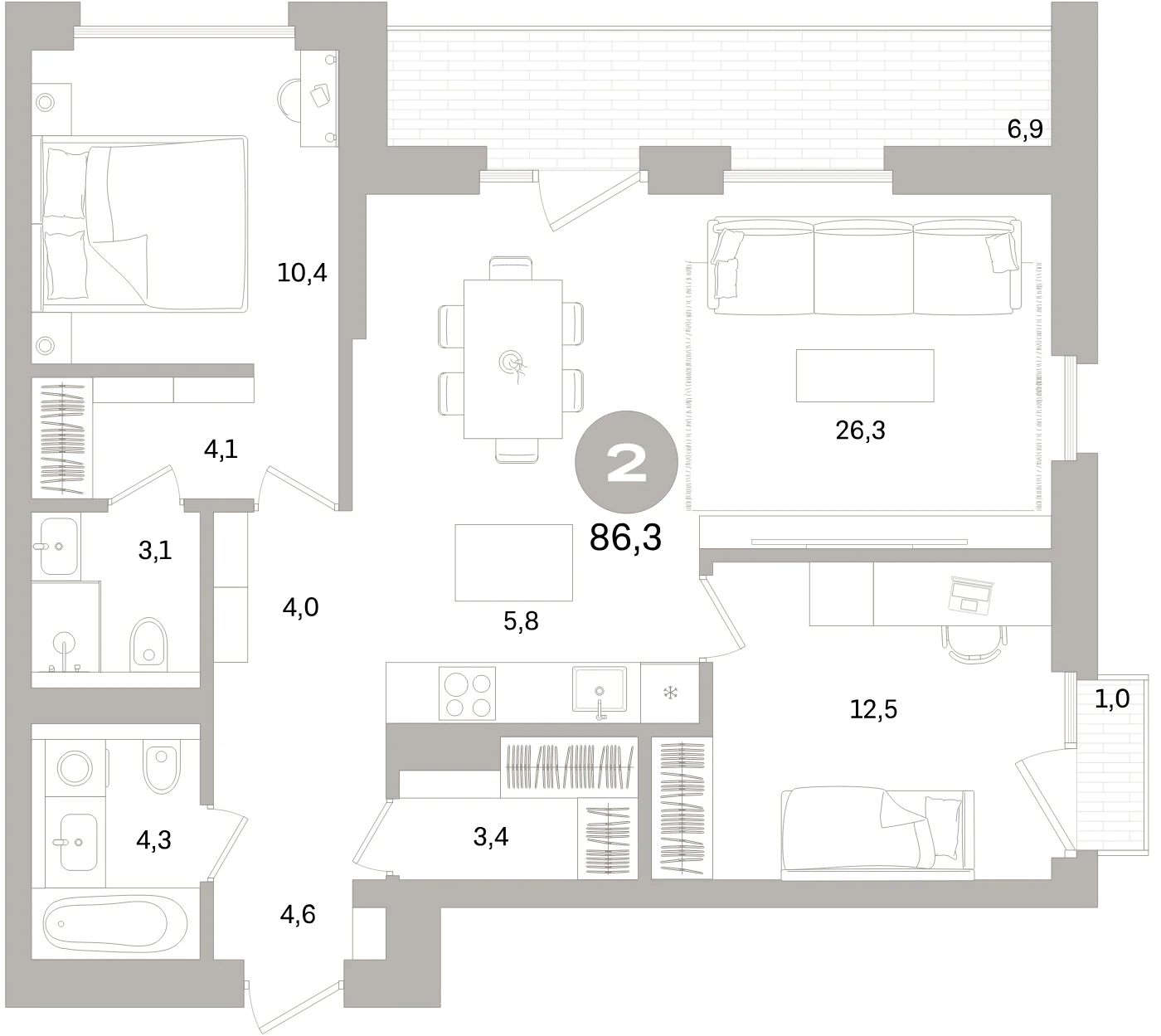 Планировка 3-комнатная 86,3 м² в жилом квартале «Северный ветер» — Жилой квартал «Северный ветер»