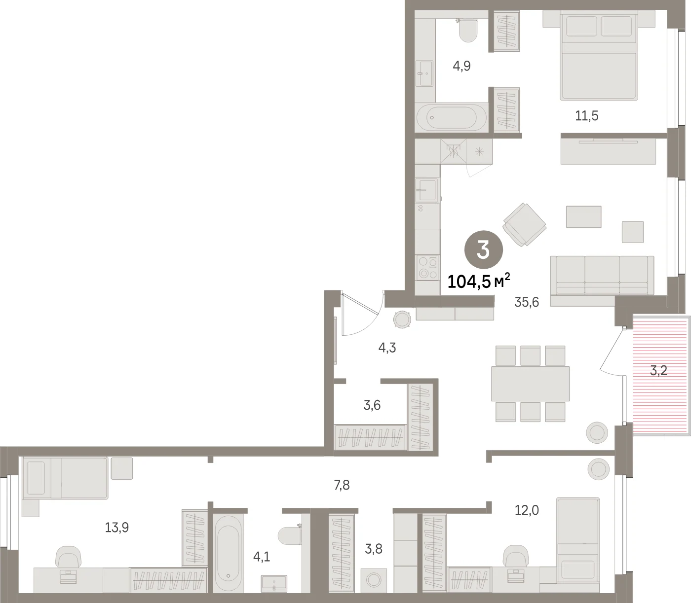 Планировка 4-комнатная 104,5 м² в жилом квартале «Северный ветер» — Жилой квартал «Северный ветер»