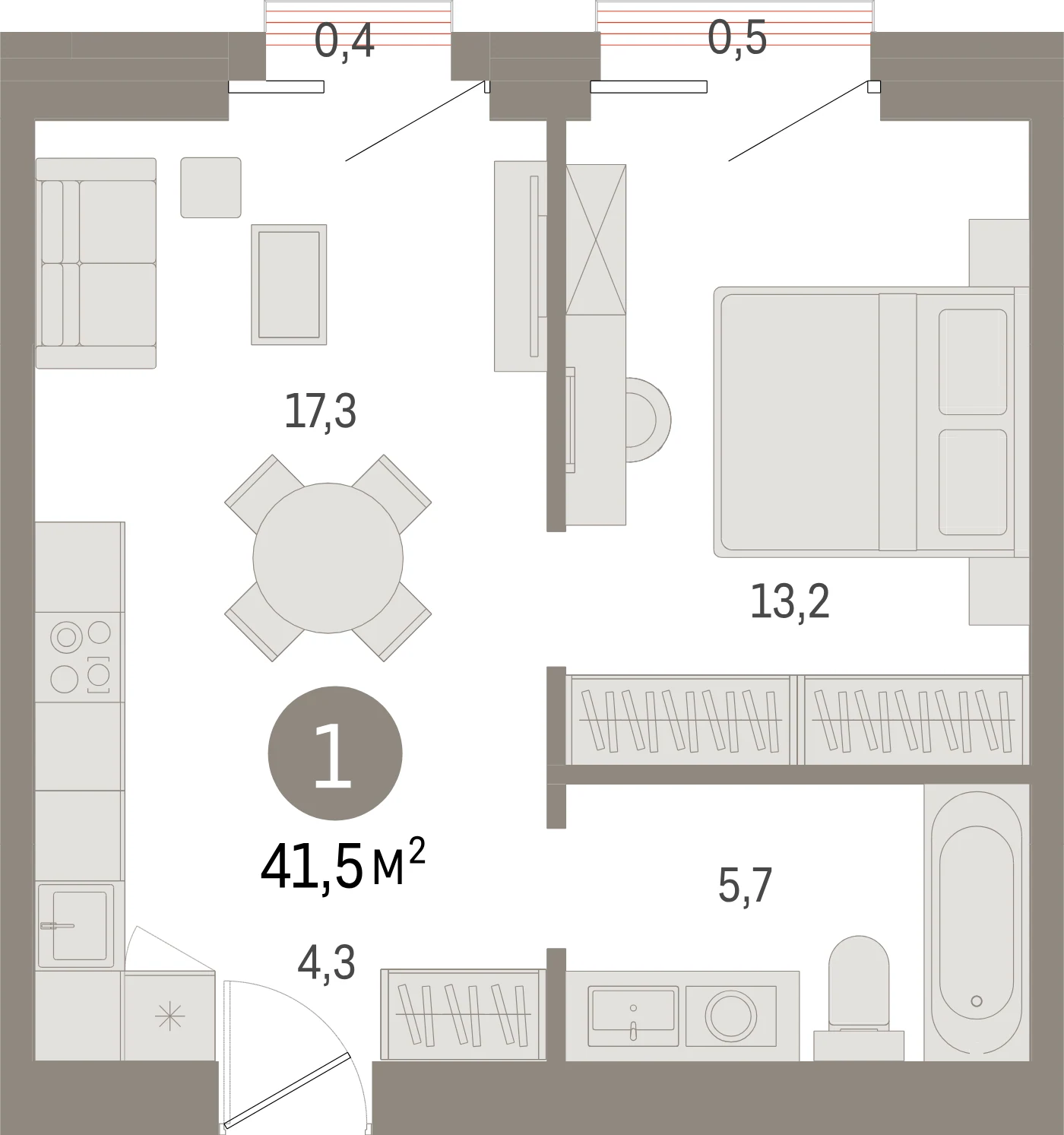 Планировка 2-комнатная 41,5 м² в жилом квартале «Северный ветер» — Жилой квартал «Северный ветер»