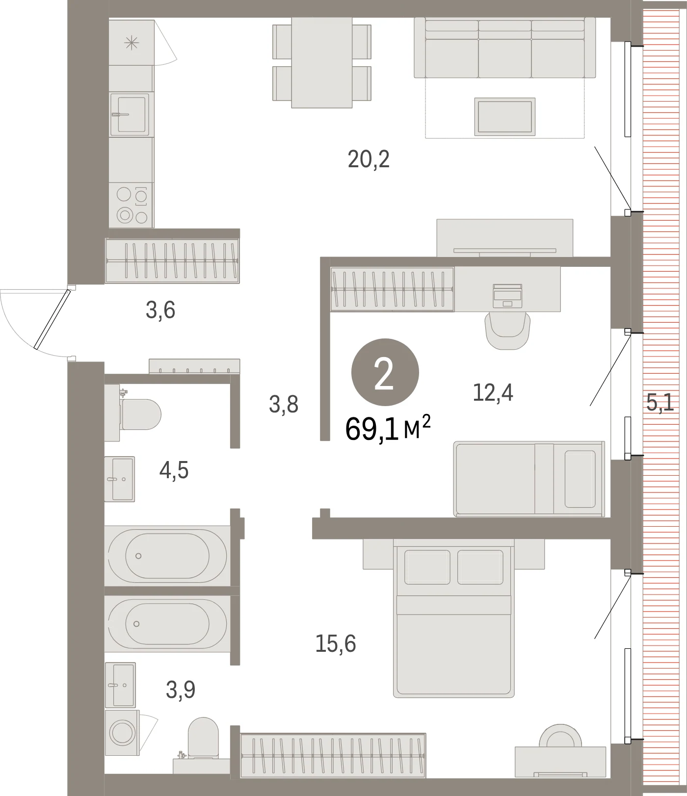 Планировка 3-комнатная 69,1 м² в жилом квартале «Северный ветер» — Жилой квартал «Северный ветер»