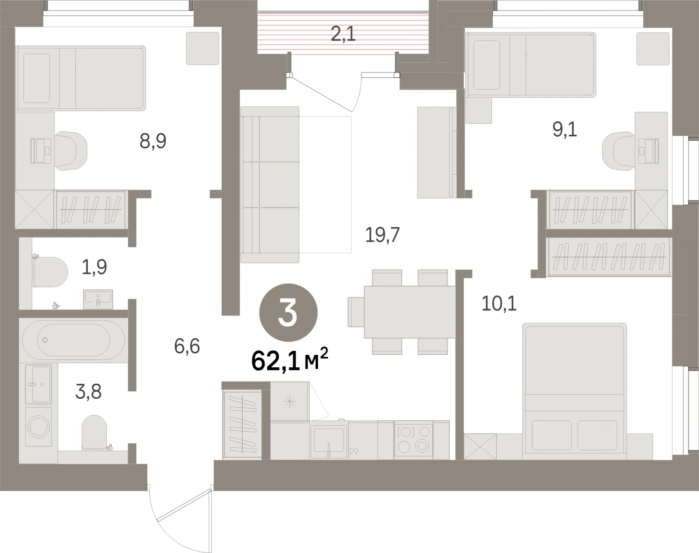 Планировка 4-комнатная 62,1 м² в жилом квартале «Северный ветер» — Жилой квартал «Северный ветер»