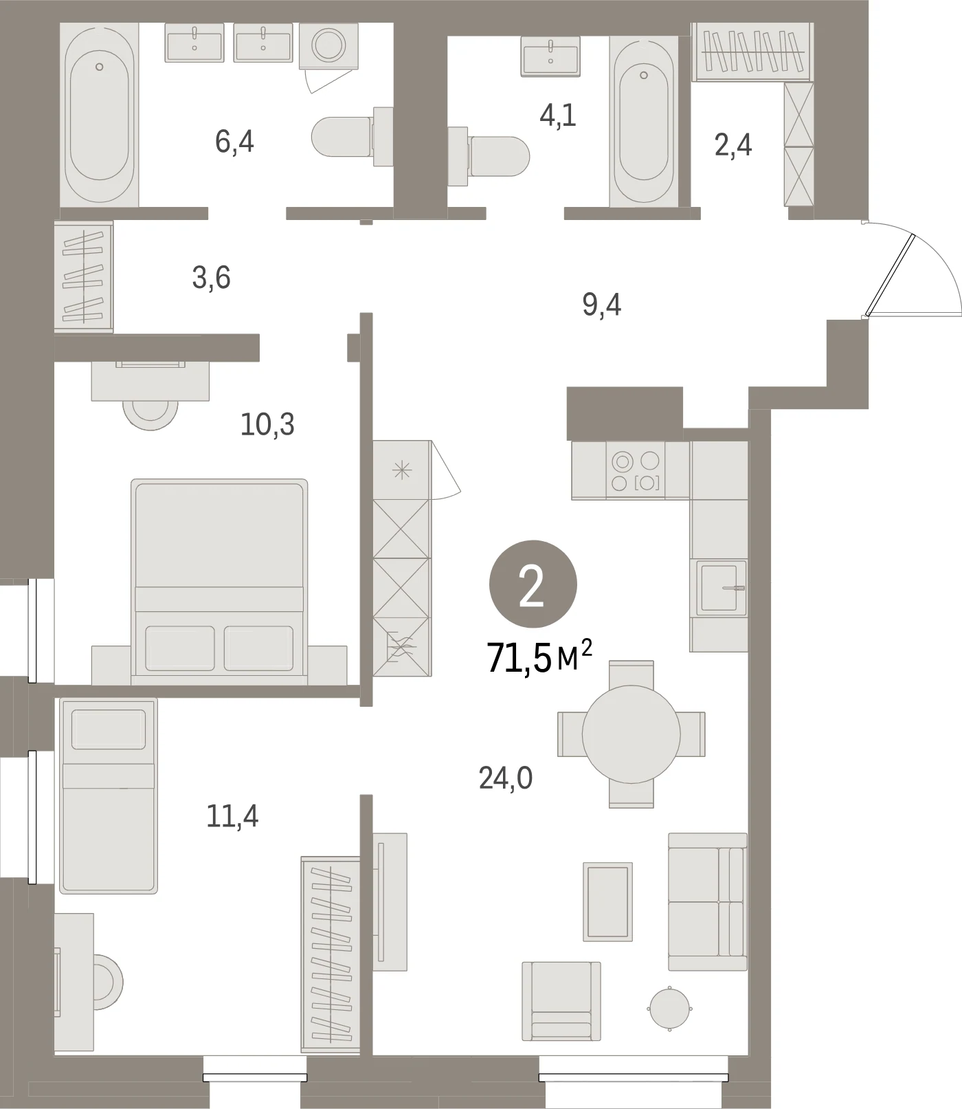 Планировка 3-комнатная 71,5 м² в жилом квартале «Северный ветер» — Жилой квартал «Северный ветер»