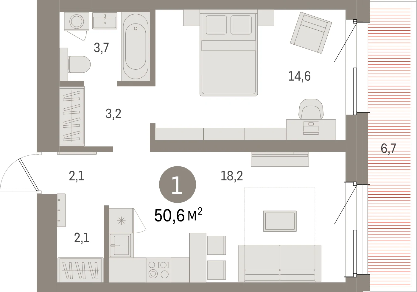 Планировка 2-комнатная 50,6 м² в жилом квартале «Северный ветер» — Жилой квартал «Северный ветер»