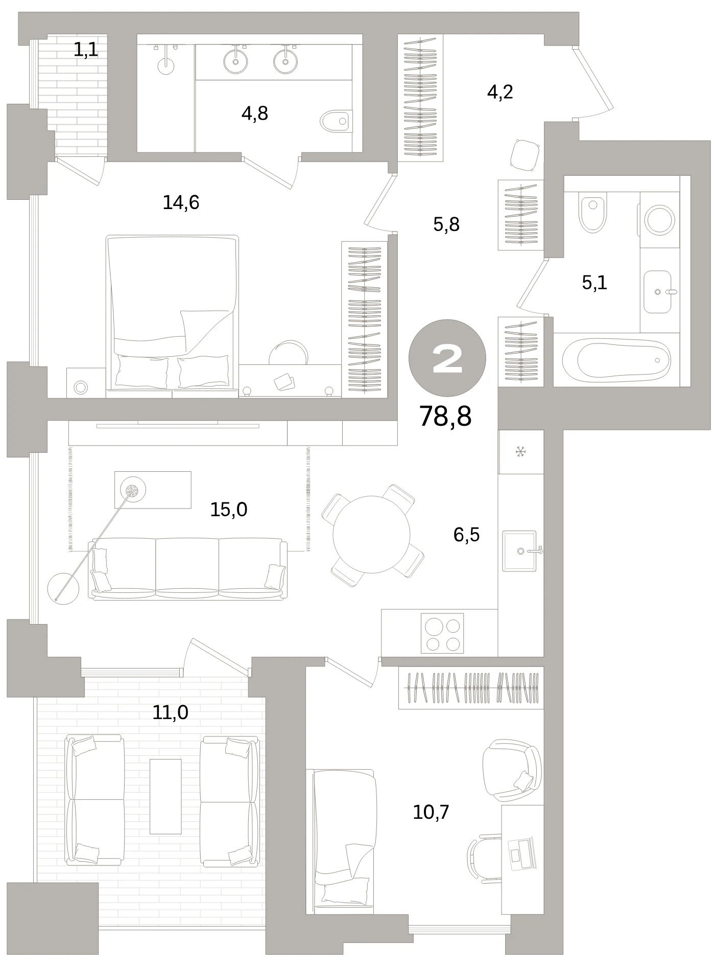Планировка 3-комнатная 78,8 м² в жилом квартале «Северный ветер» — Жилой квартал «Северный ветер»