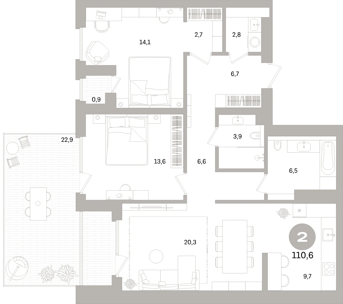 Планировка 3-комнатная 110,6 м² в жилом квартале «Северный ветер» — Жилой квартал «Северный ветер»