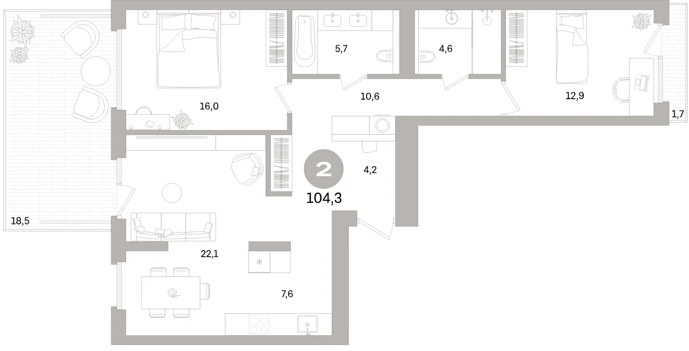 Планировка 3-комнатная 104,3 м² в жилом квартале «Северный ветер» — Жилой квартал «Северный ветер»