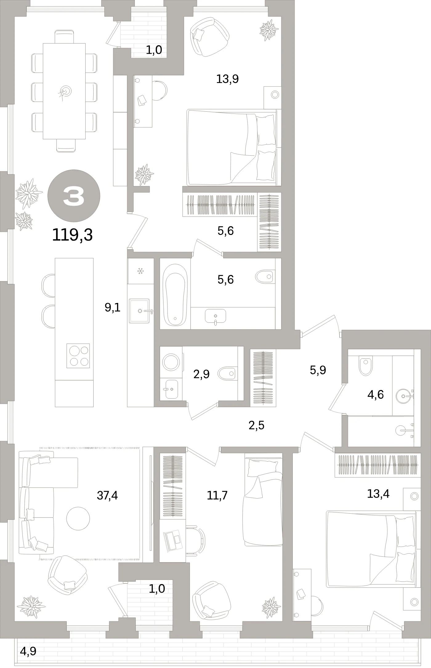 Планировка 4-комнатная 119,3 м² в жилом квартале «Северный ветер» — Жилой квартал «Северный ветер»