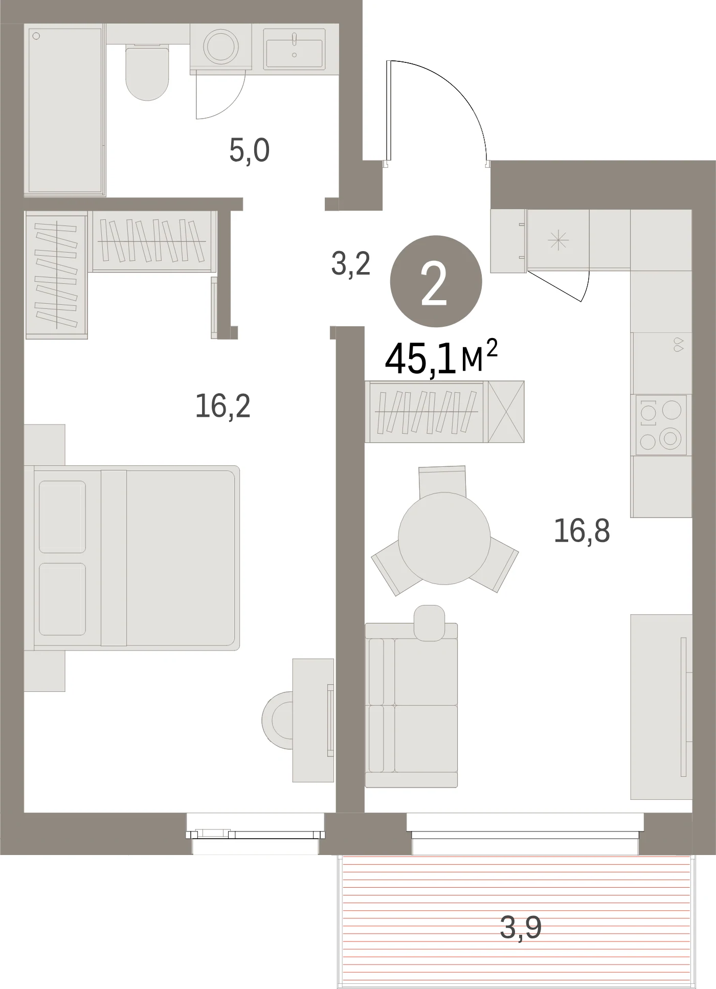 Планировка 2-комнатная 45,1 м² в жилом квартале «Северный ветер» — Жилой квартал «Северный ветер»