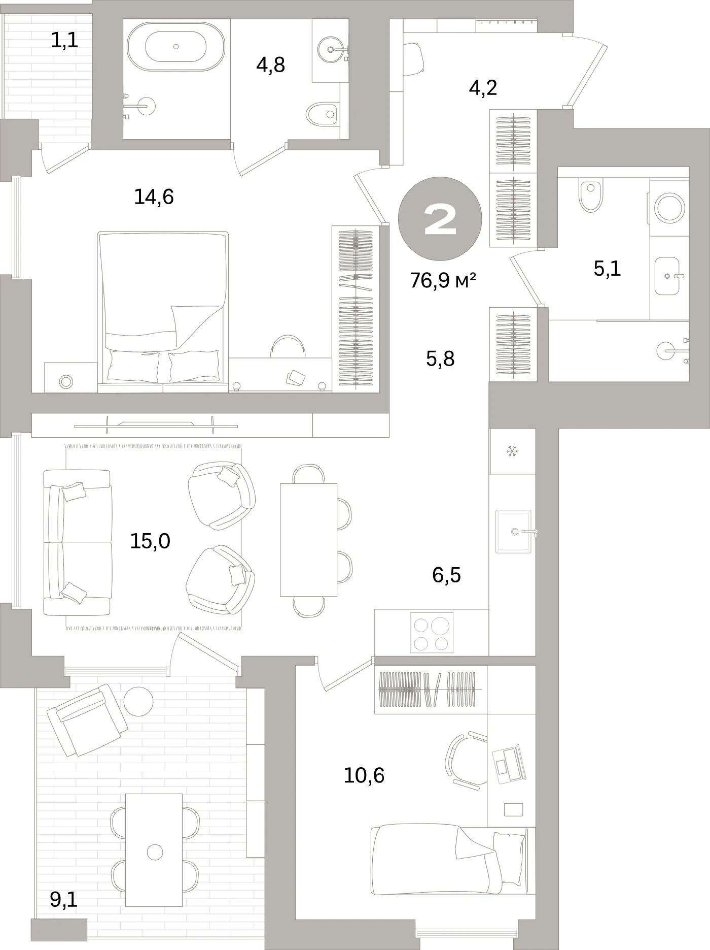 Планировка 3-комнатная 76,9 м² в жилом квартале «Северный ветер» — Жилой квартал «Северный ветер»