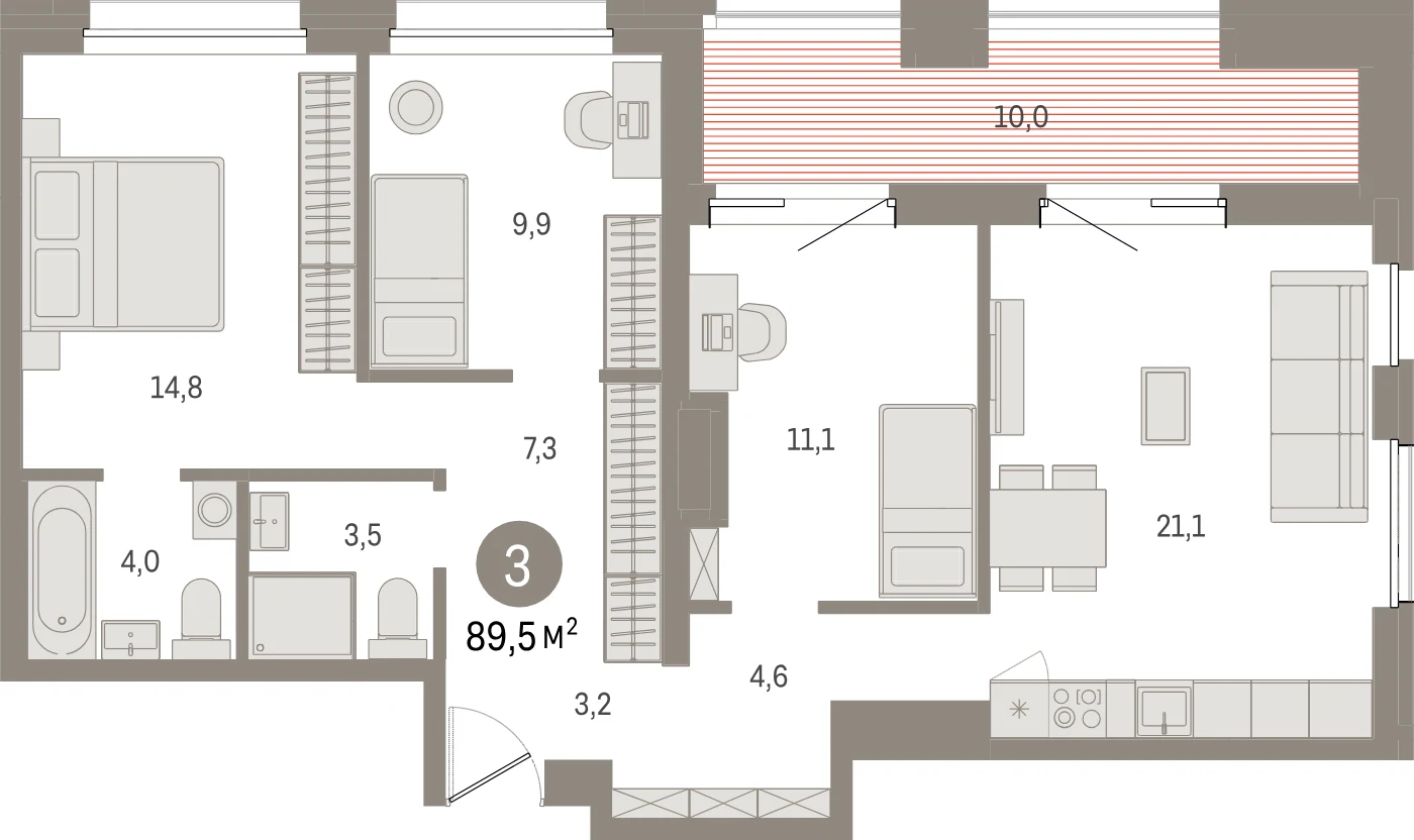 Планировка 4-комнатная 89,5 м² в жилом квартале «Северный ветер» — Жилой квартал «Северный ветер»