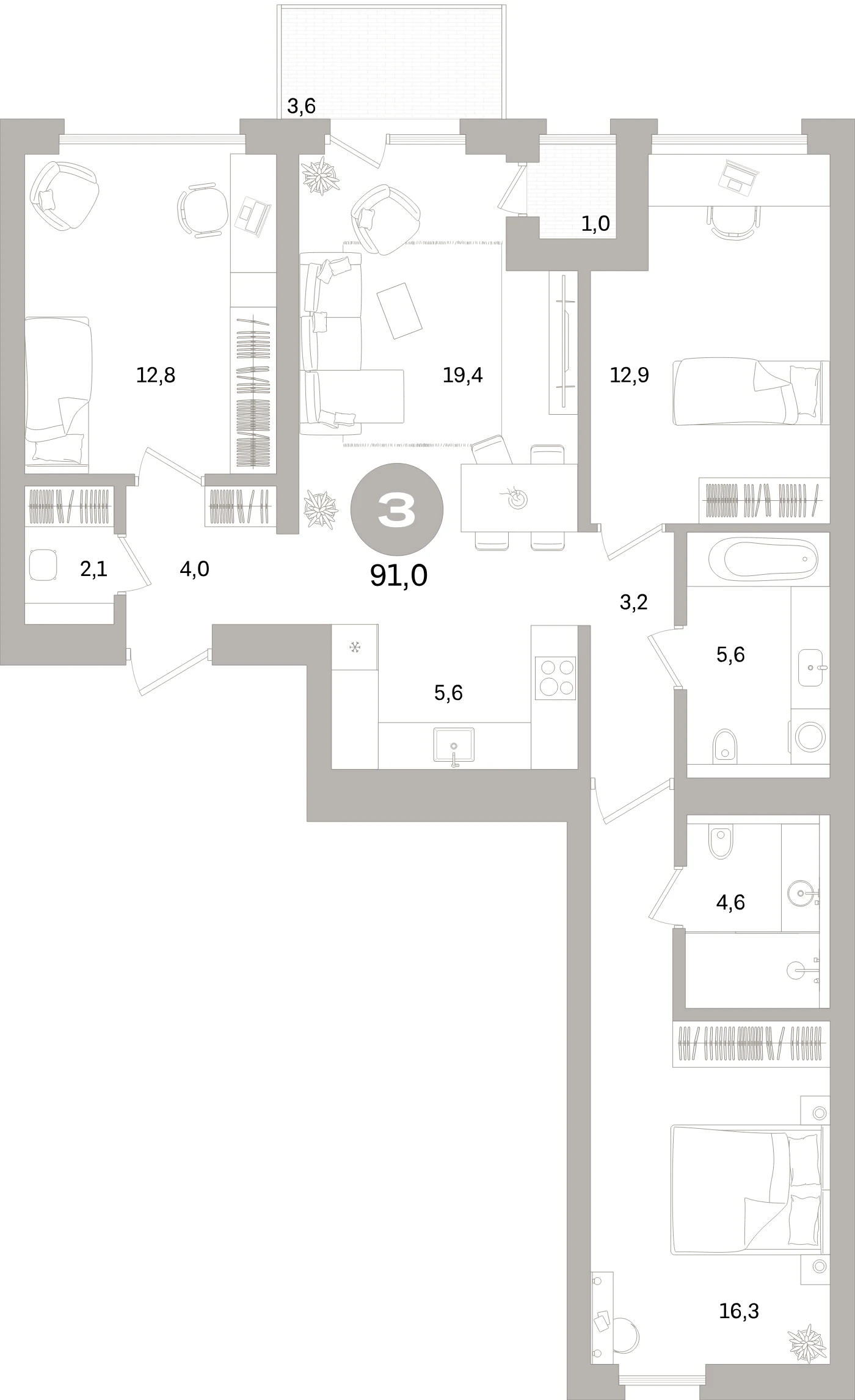Планировка 4-комнатная 91 м² в жилом квартале «Северный ветер» — Жилой квартал «Северный ветер»