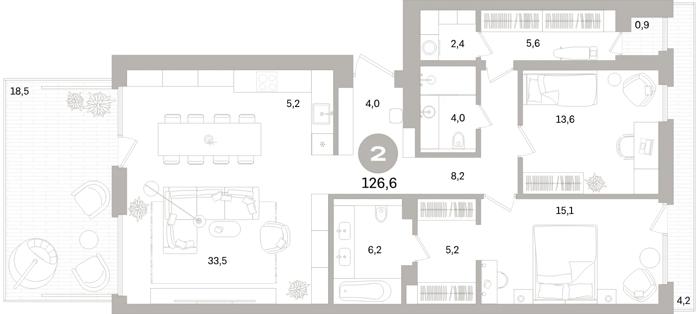 Планировка 3-комнатная 126,6 м² в жилом квартале «Северный ветер» — Жилой квартал «Северный ветер»