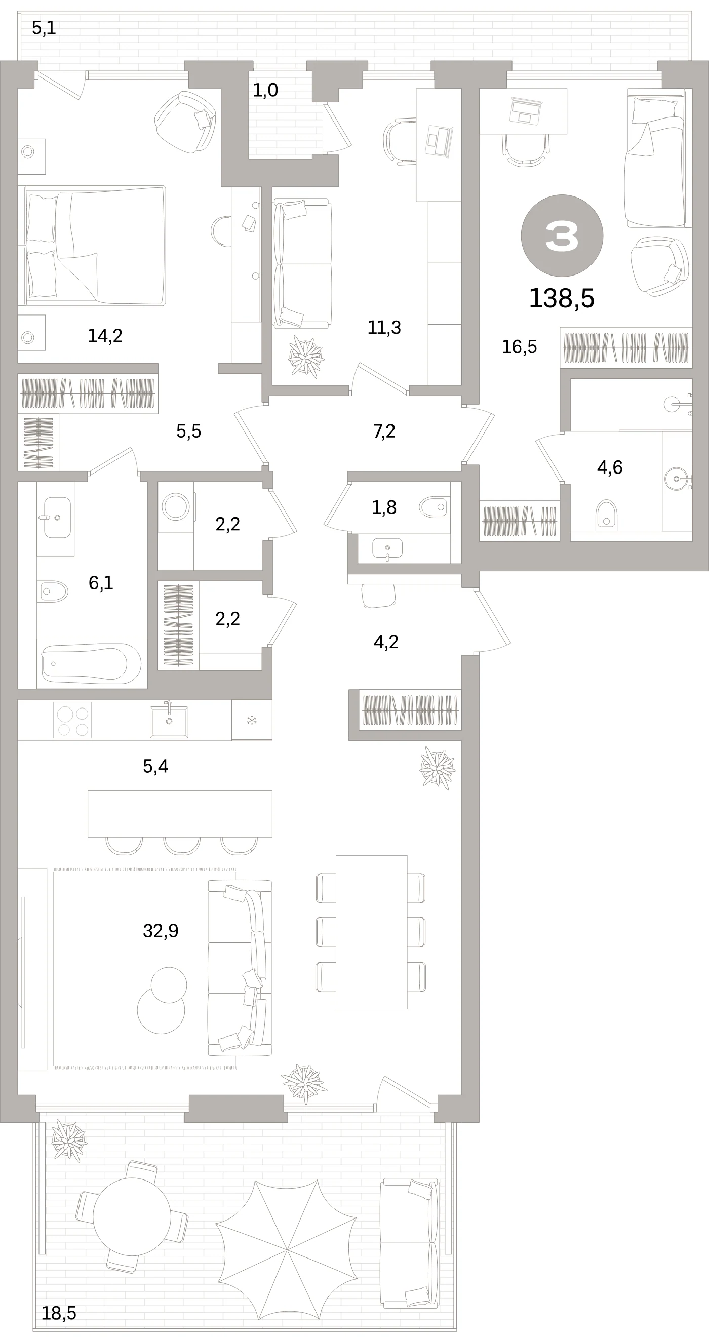 Планировка 4-комнатная 138,5 м² в жилом квартале «Северный ветер» — Жилой квартал «Северный ветер»