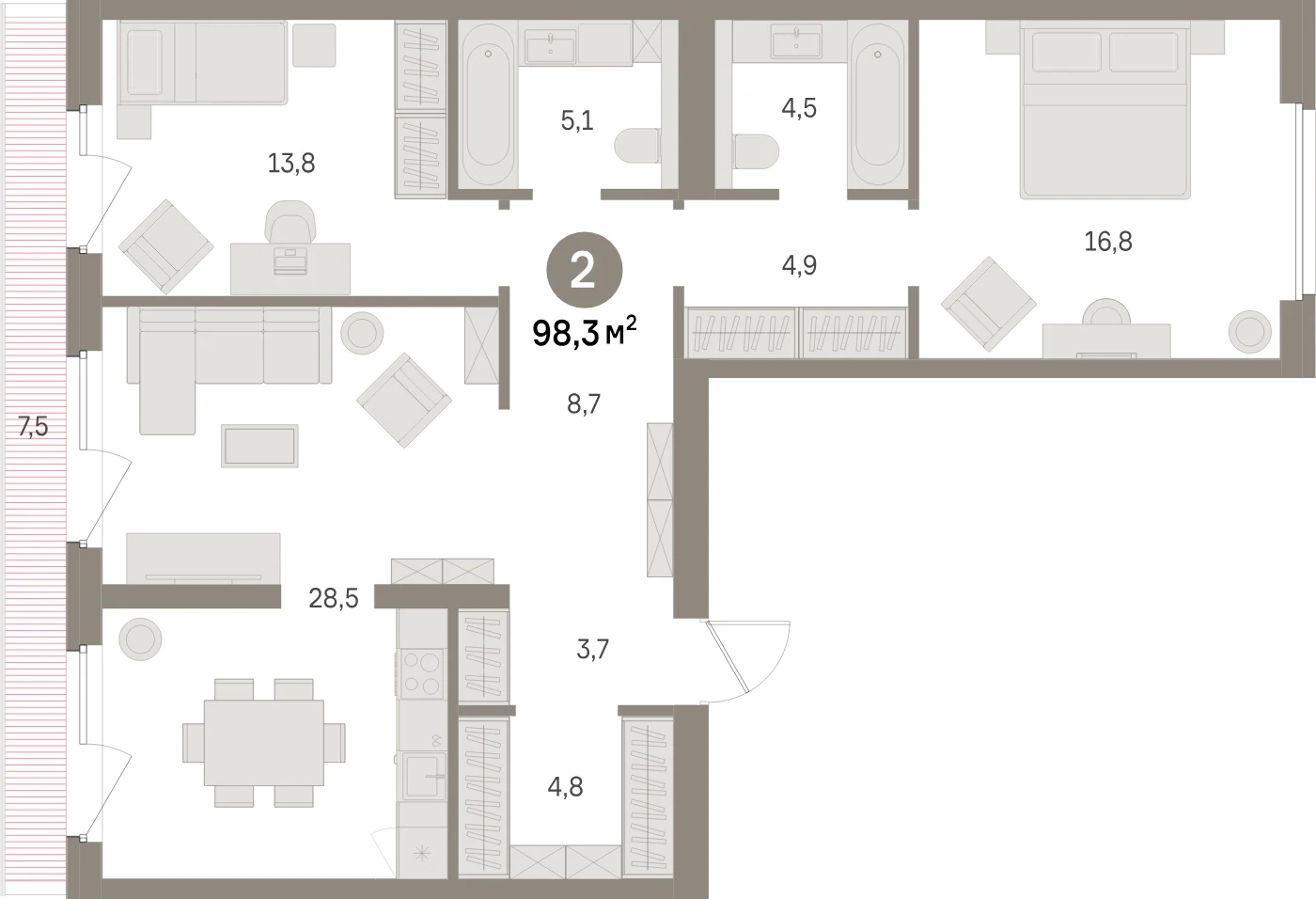 Планировка 3-комнатная 98,3 м² в жилом квартале «Северный ветер» — Жилой квартал «Северный ветер»