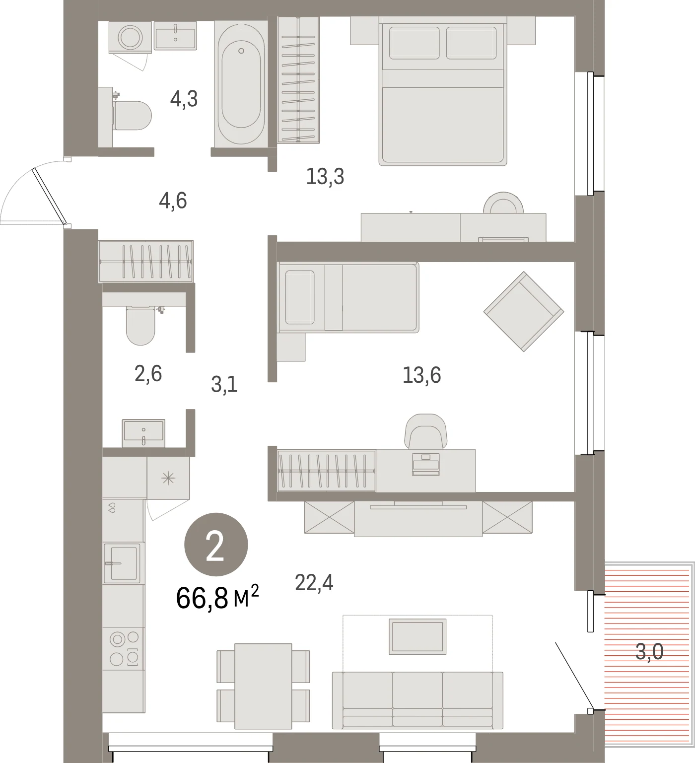 Планировка 3-комнатная 66,8 м² в жилом квартале «Северный ветер» — Жилой квартал «Северный ветер»